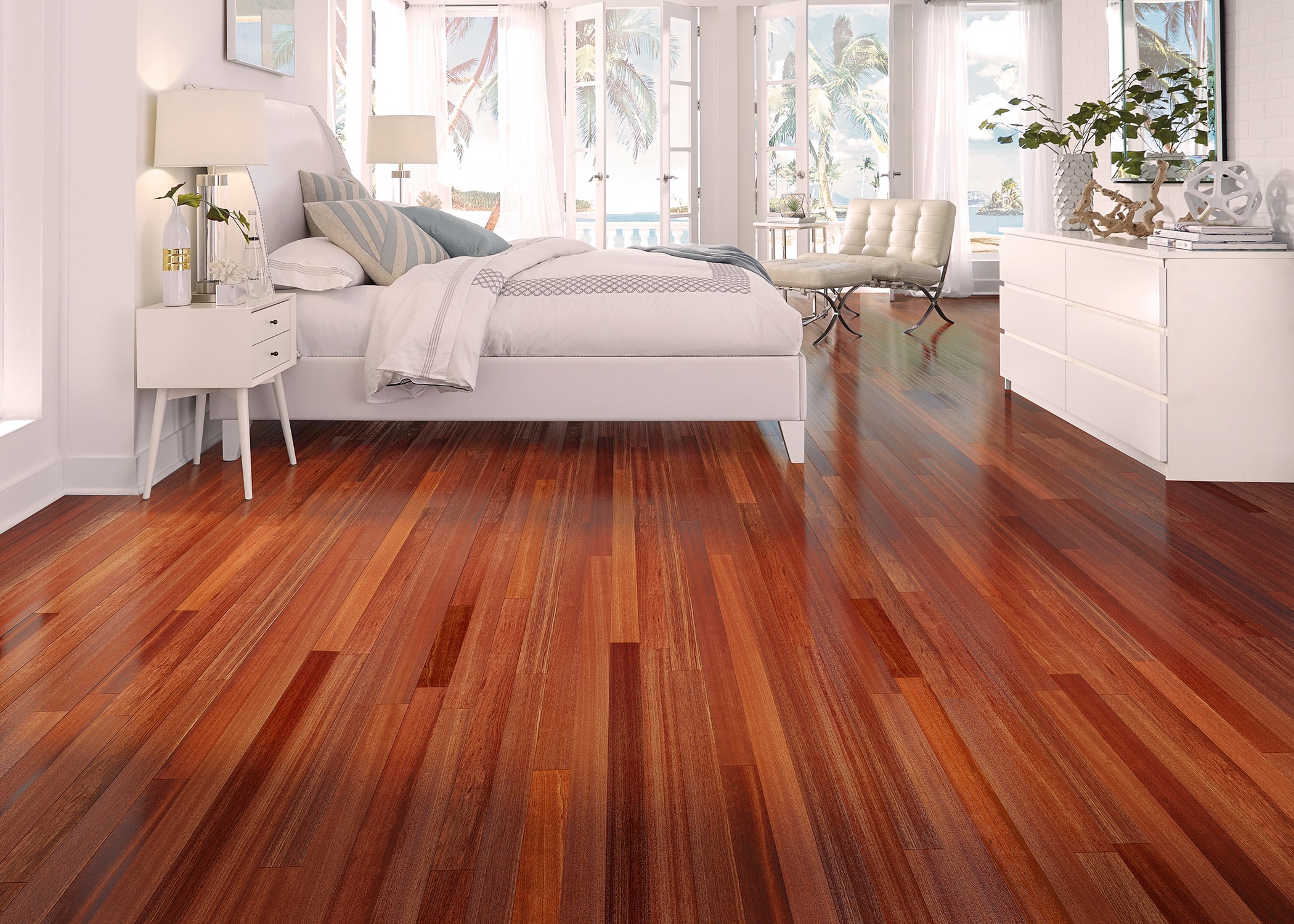 bedroom with red color hardwood flooring