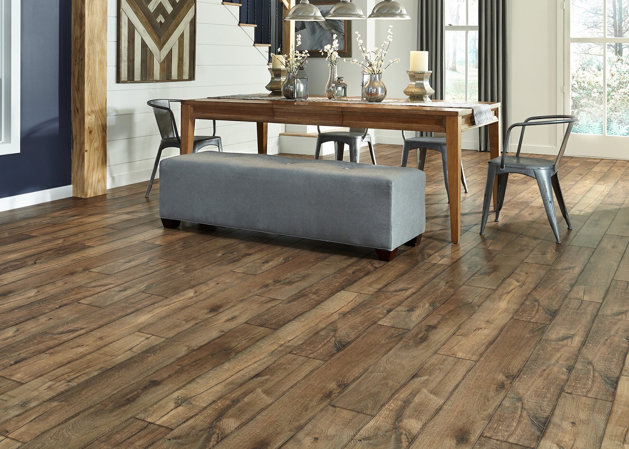 Dining room with wooden table and laminate flooring