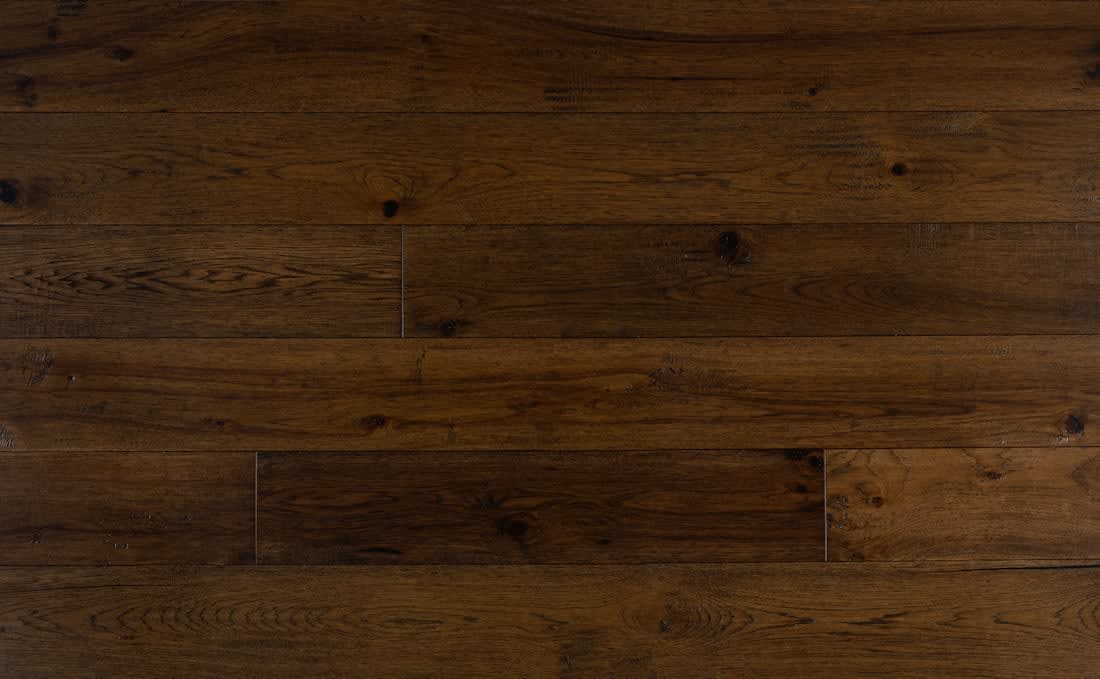 Deep brown planks of Virginia Mill Works Porter House Hickory Engineered Hardwood