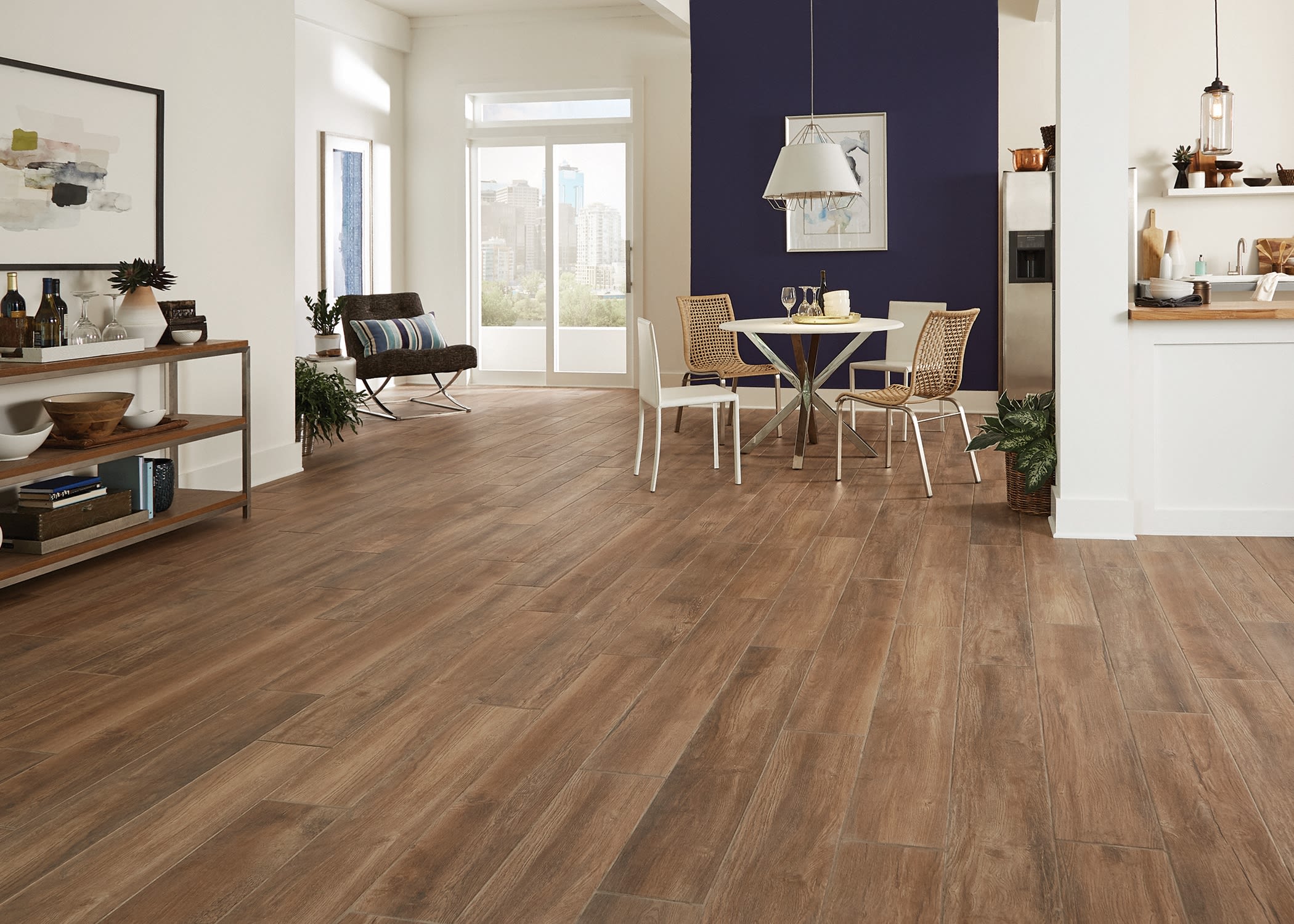 Wood look porcelain tile in a dining room.