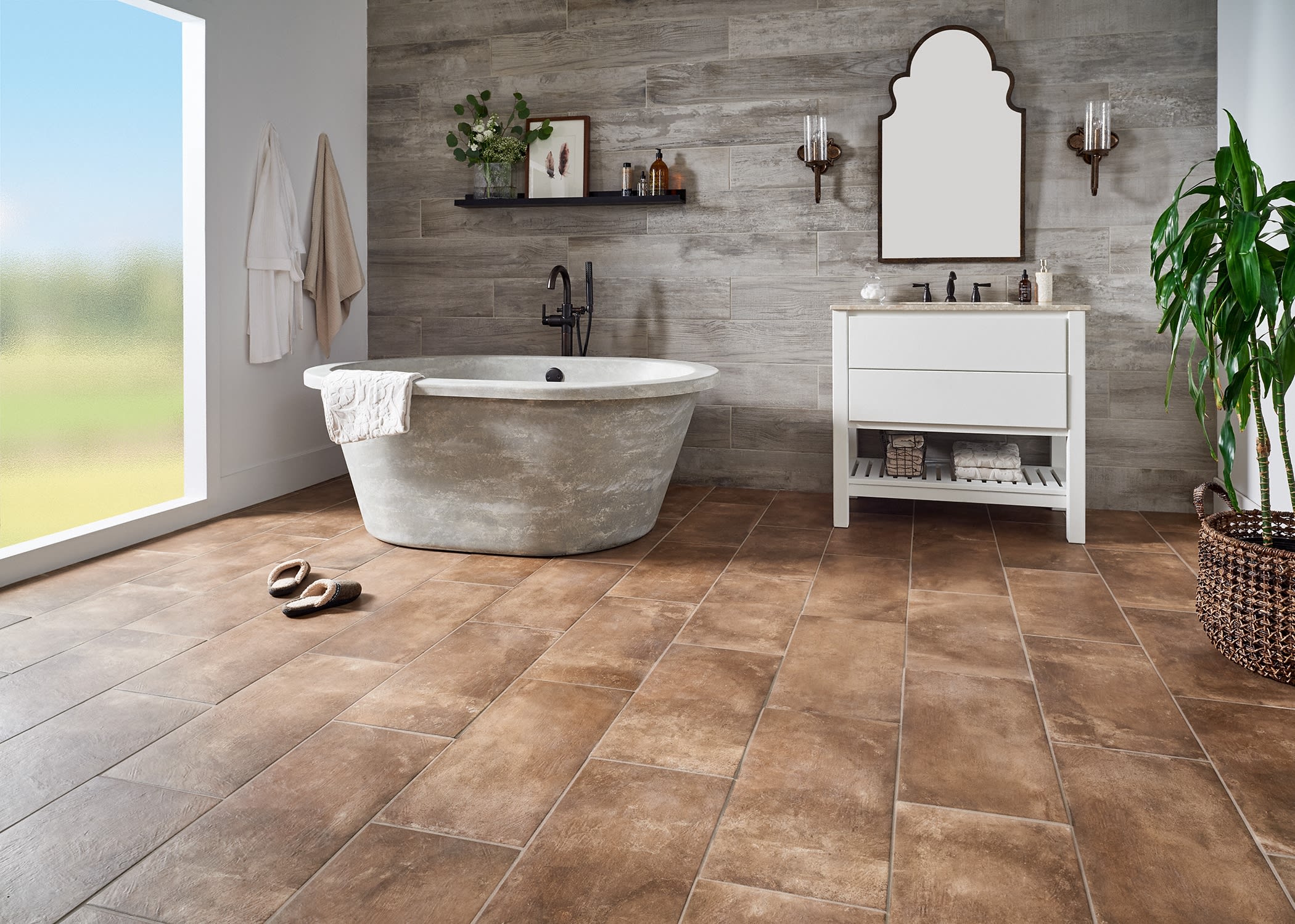 large bathroom with bathtub and rustic look porcelain tile flooring