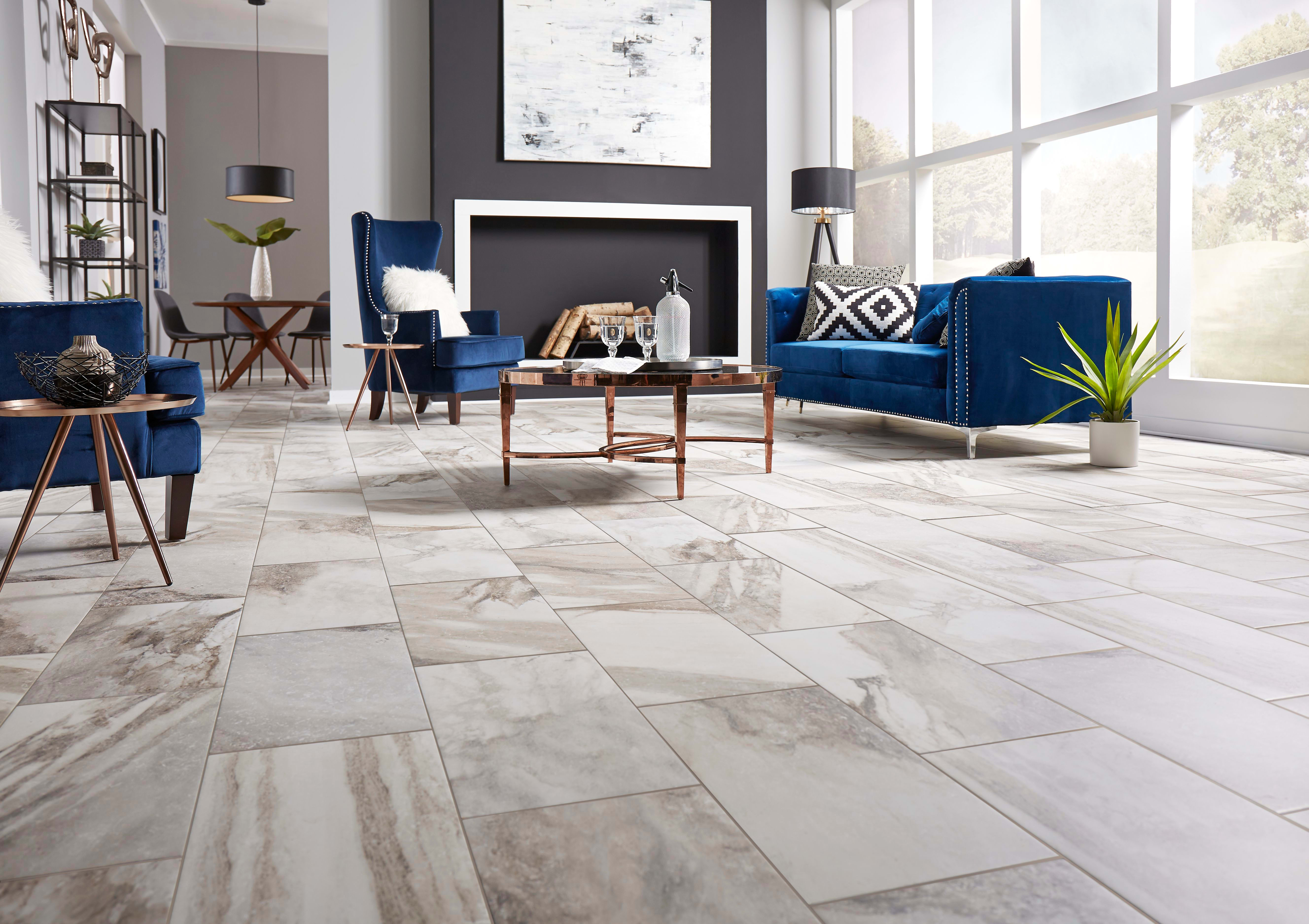 This living room shows the elegant marble look of Costa Bella Marble porcelain tile