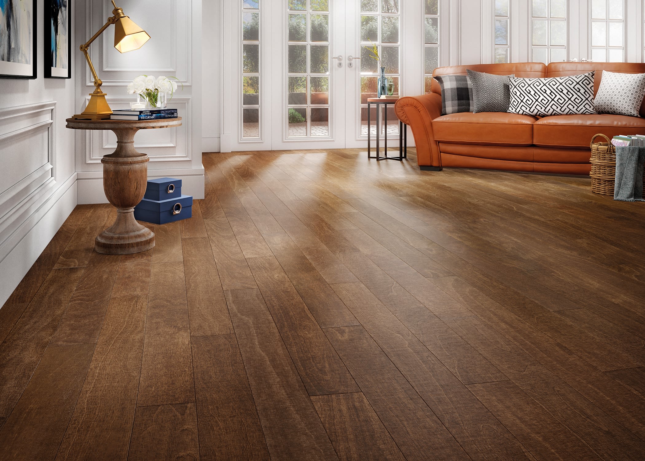 Orange leather couch and Sepia Spanish Hickory Engineered Hardwood Flooring