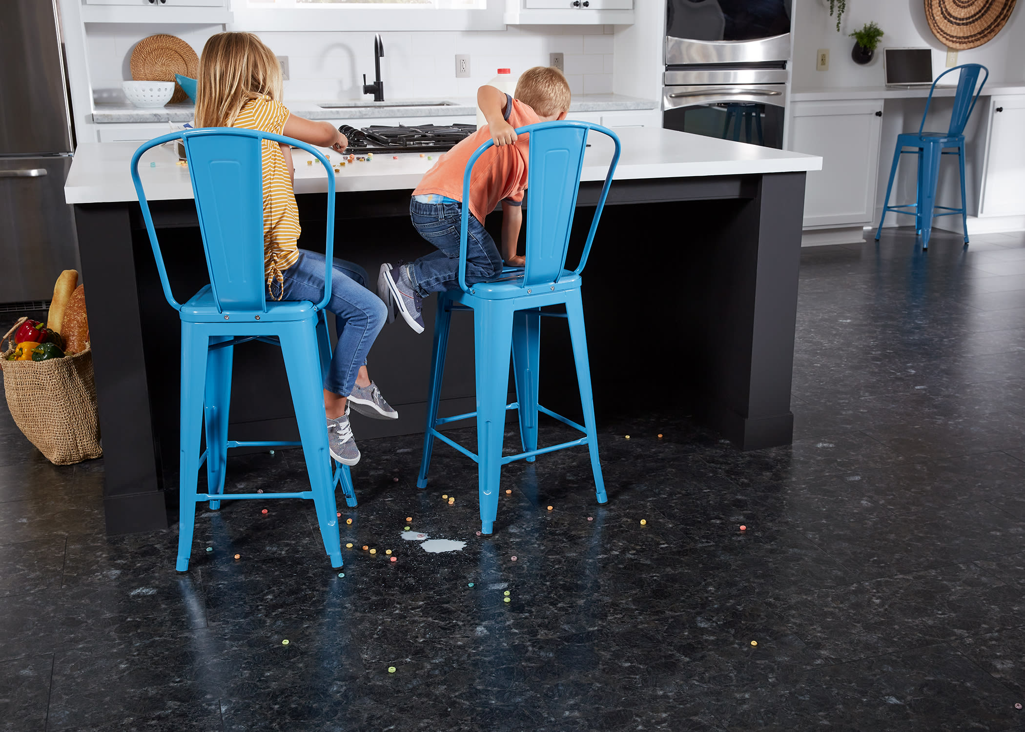 children spill cereal which does not damage the vinyl plank flooring