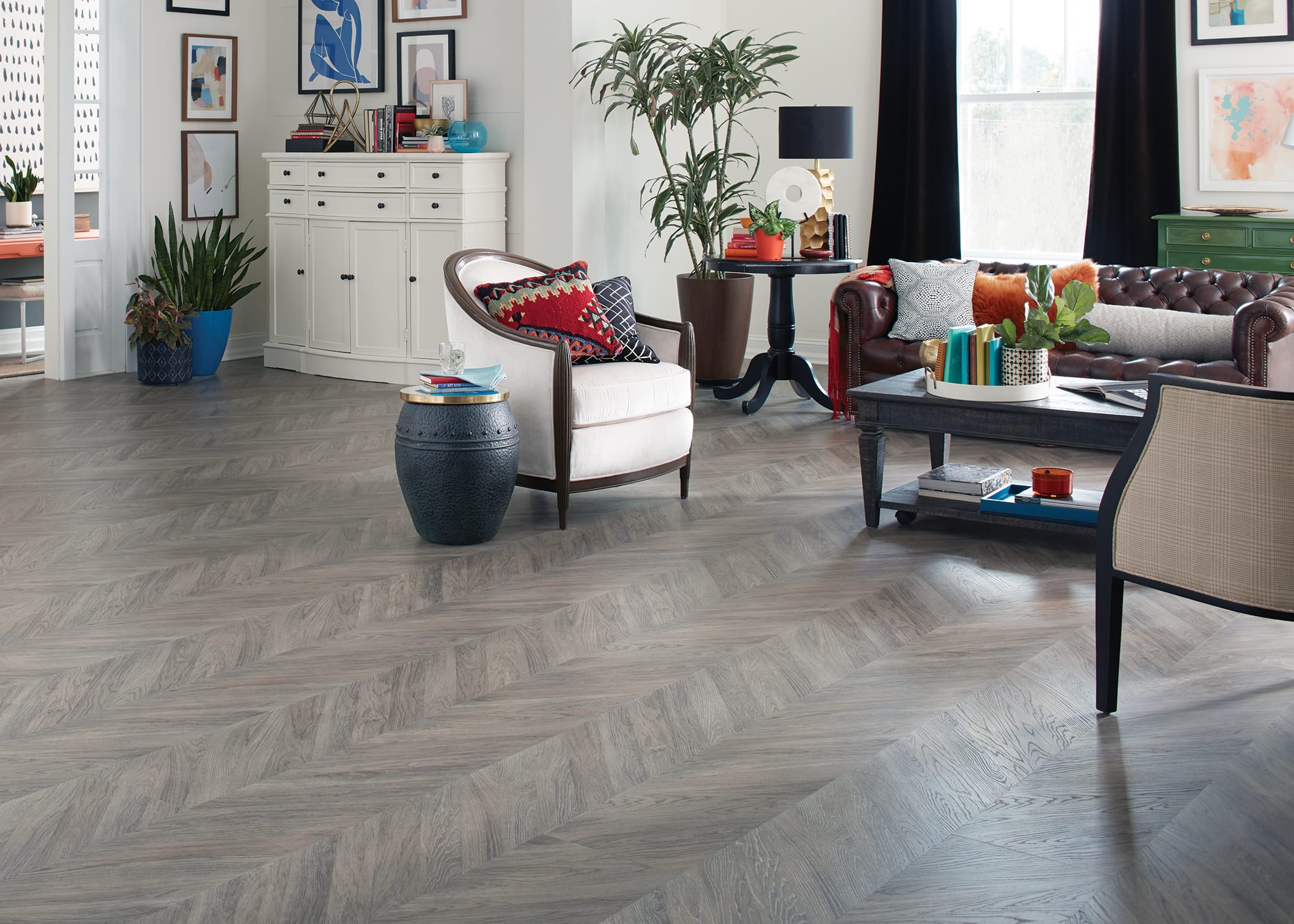 retro living room with vinyl plank flooring