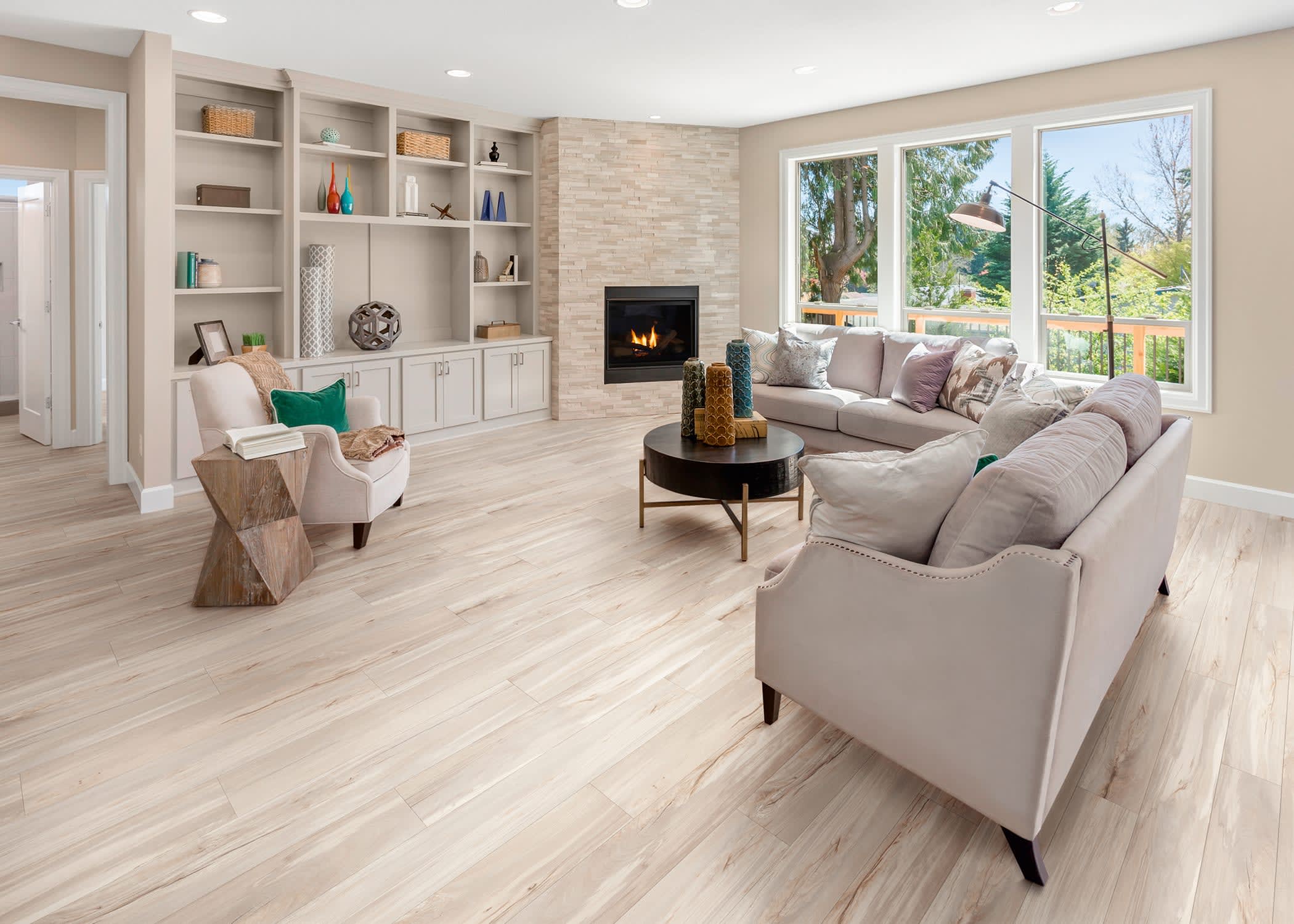 bright living room with water resistant laminate flooring