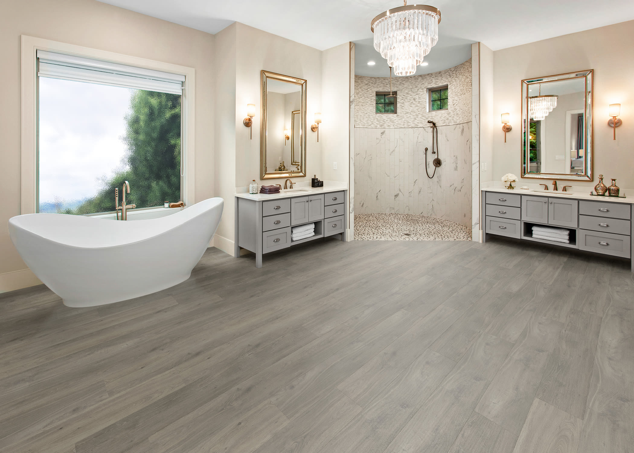 Coreluxe Lake Geneva Oak Rigid Vinyl Plank Flooring 4mm, pad attached.