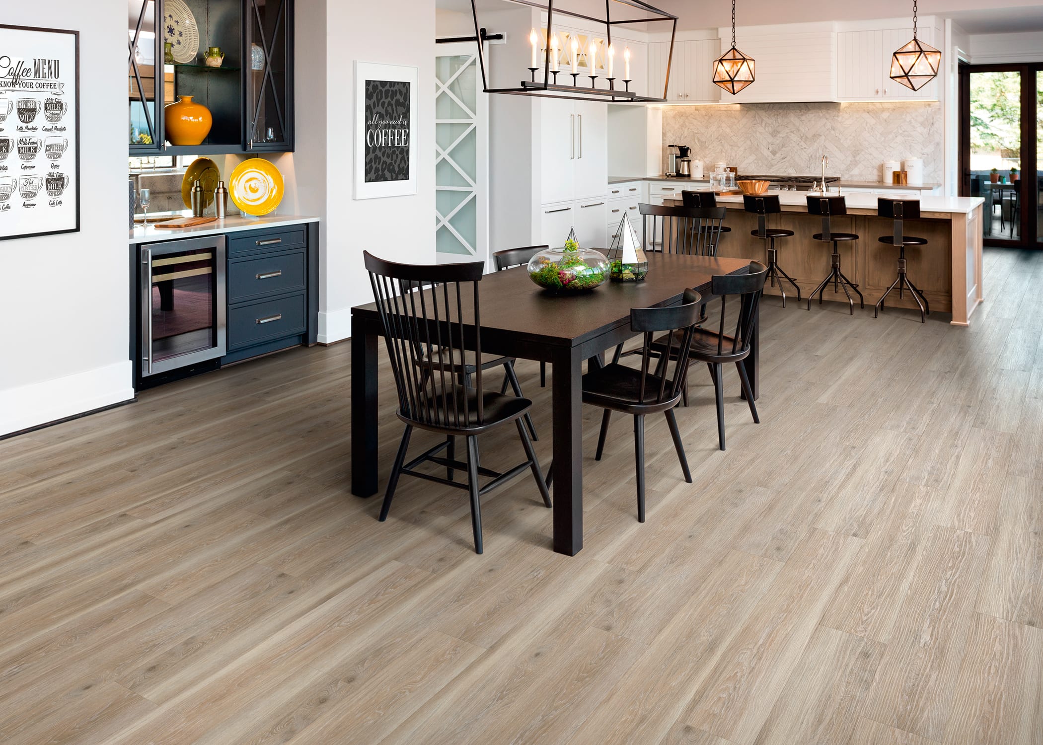 Dining Room with rustic homestead farmhouse influence and Saint Florent Hickory Waterproof Rigid Vinyl Plank Flooring