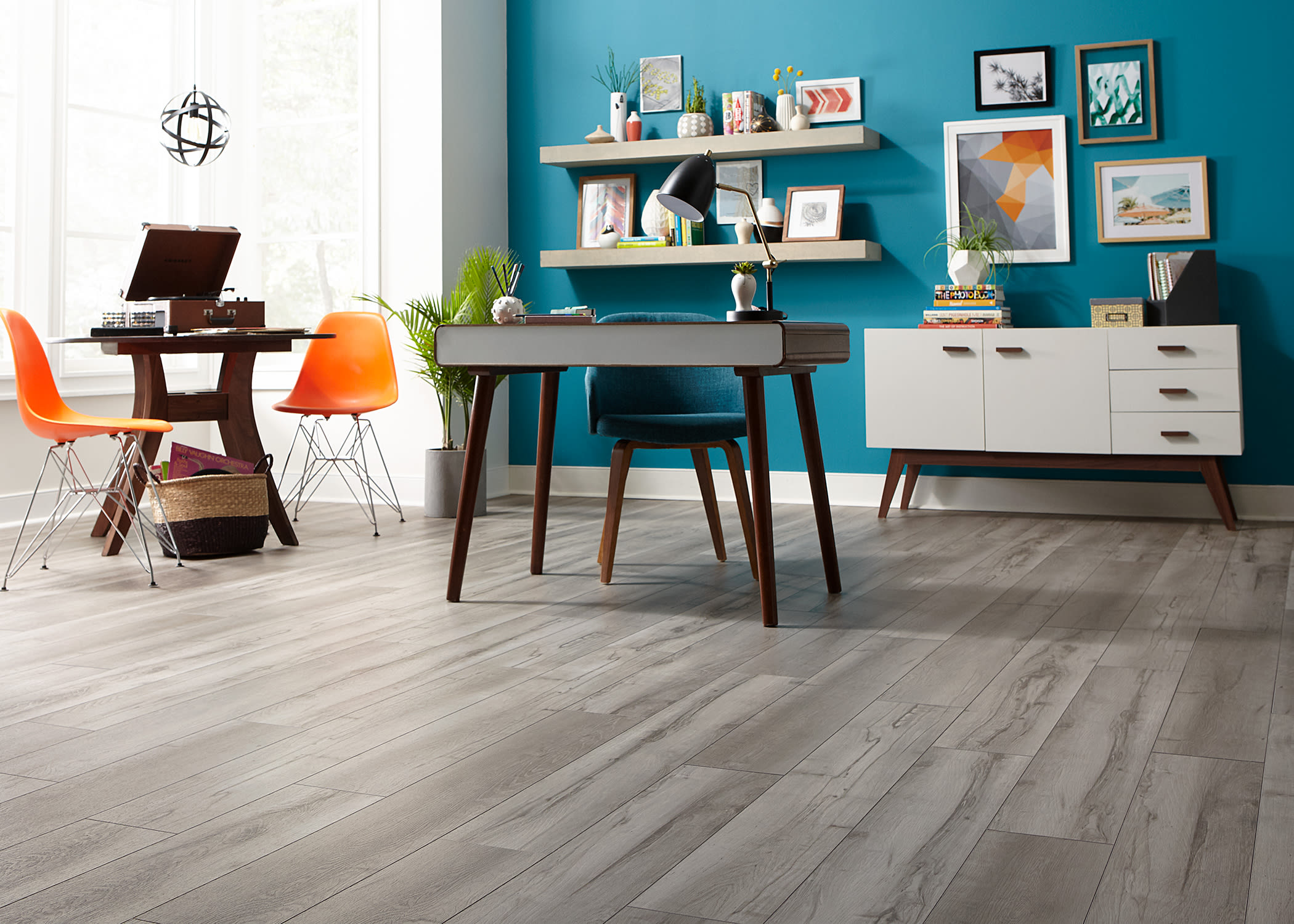 study area with gray vinyl plank flooring