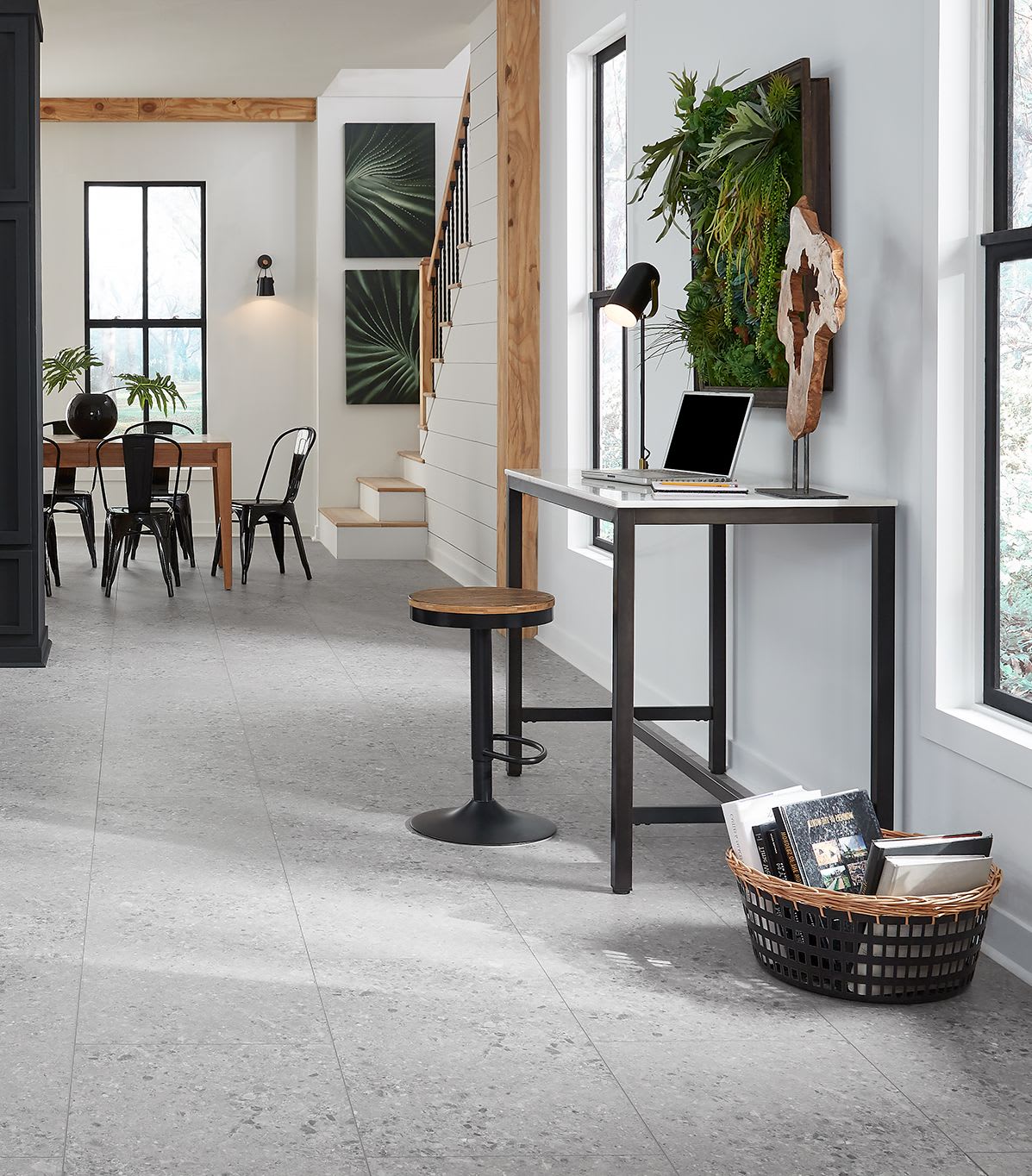 This workspace nook near a kitchen features the addition of plants, with flooring from LL Flooring's Vinyl Flooring selection "Seminato Mist"