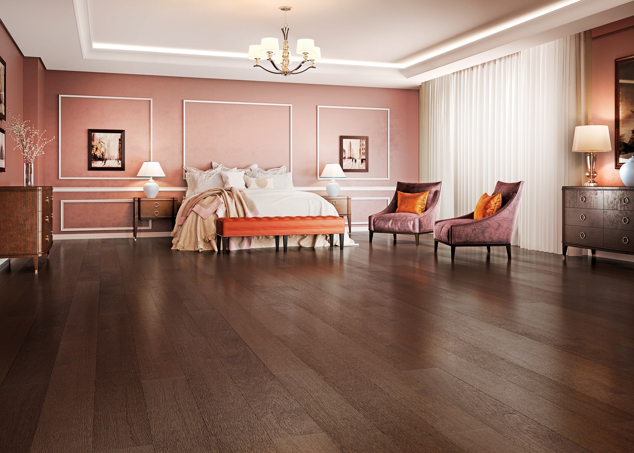 Yellow and pink accents look great with Coffee Brazilian Oak engineered hardwood flooring.