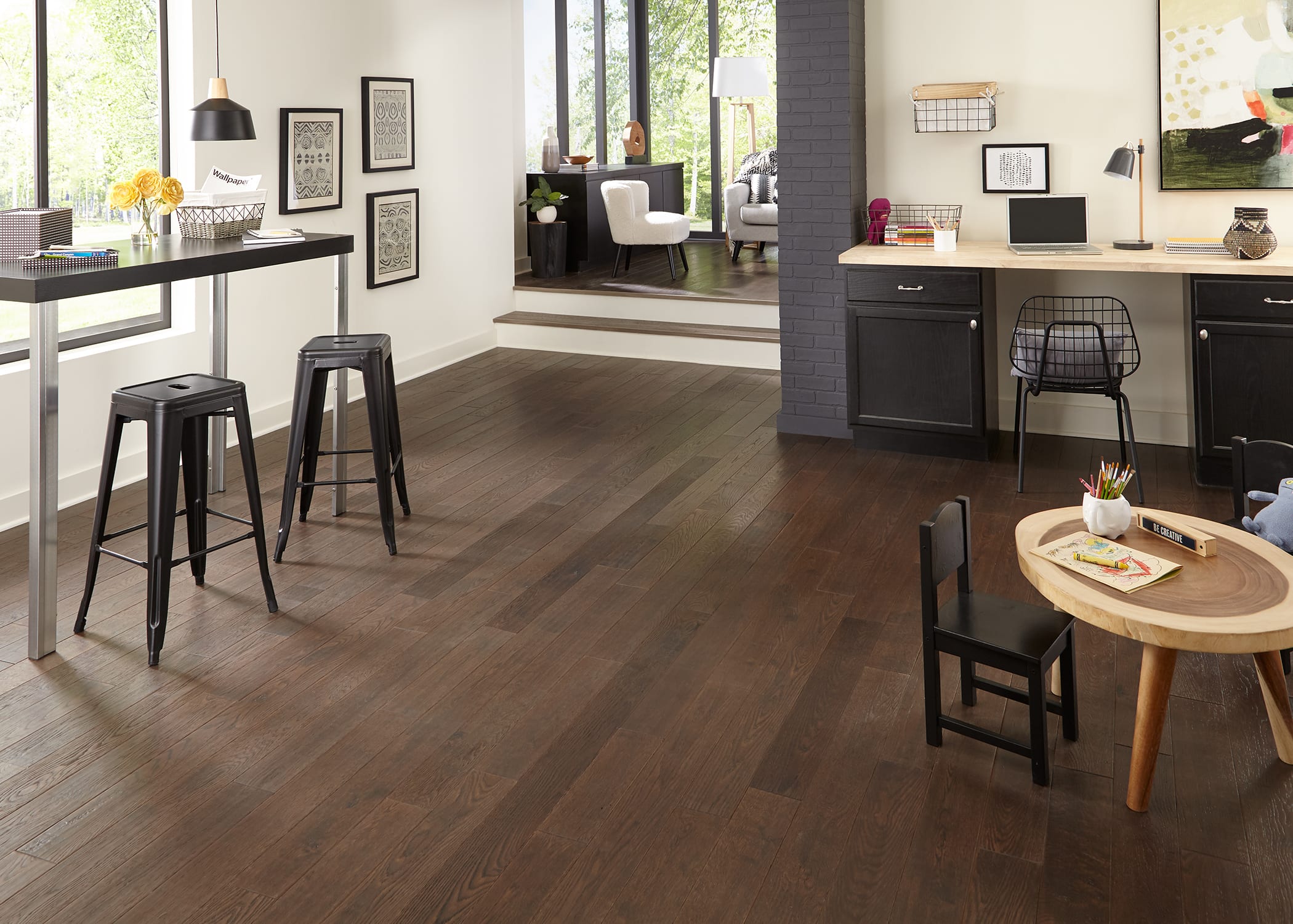 Castle Hill Oak Distressed Solid Hardwood in a sleek, smart study space.