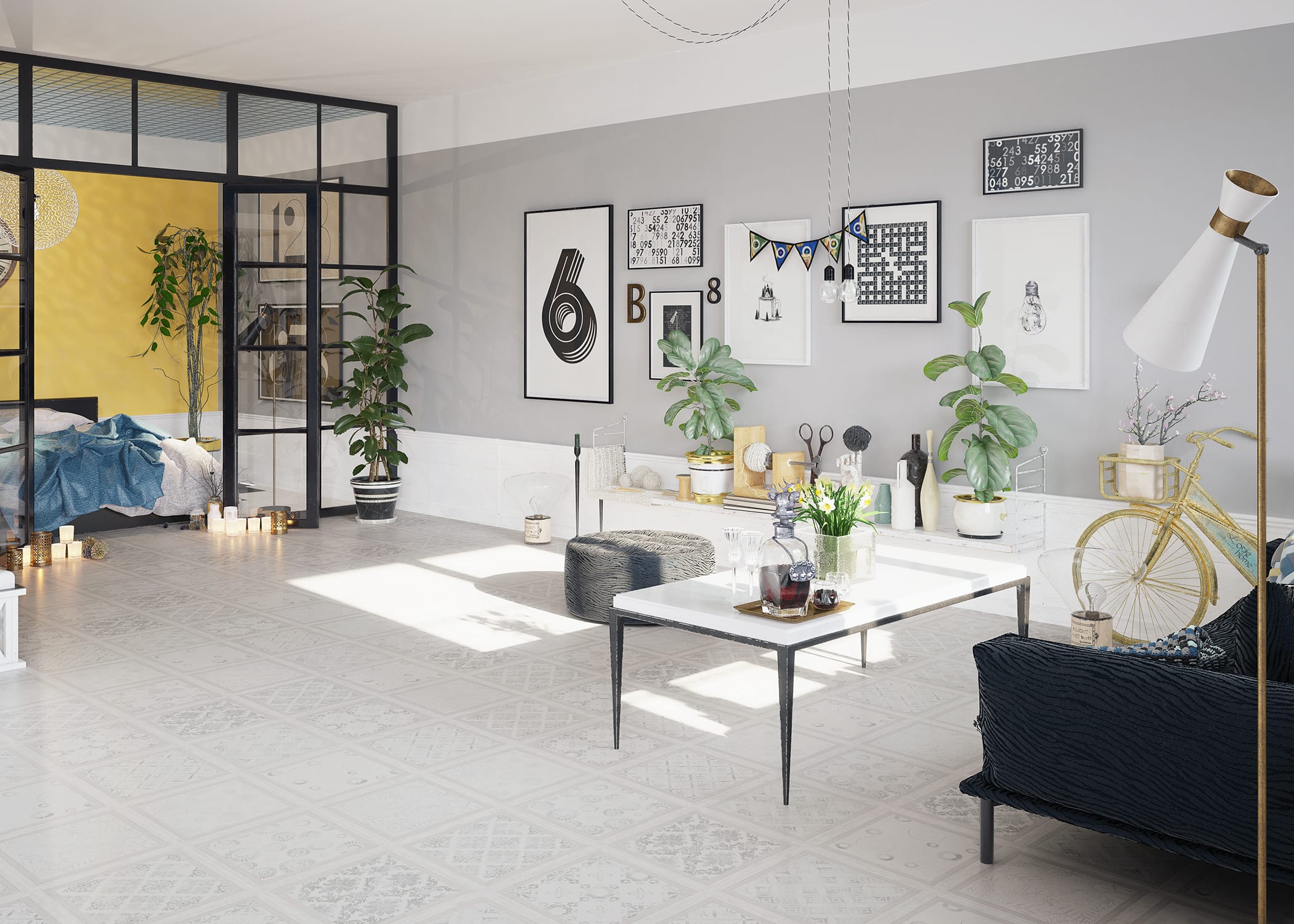 Beautiful and bright design of an open loft with gray tile laminate flooring for a contemporary yet crafty style.