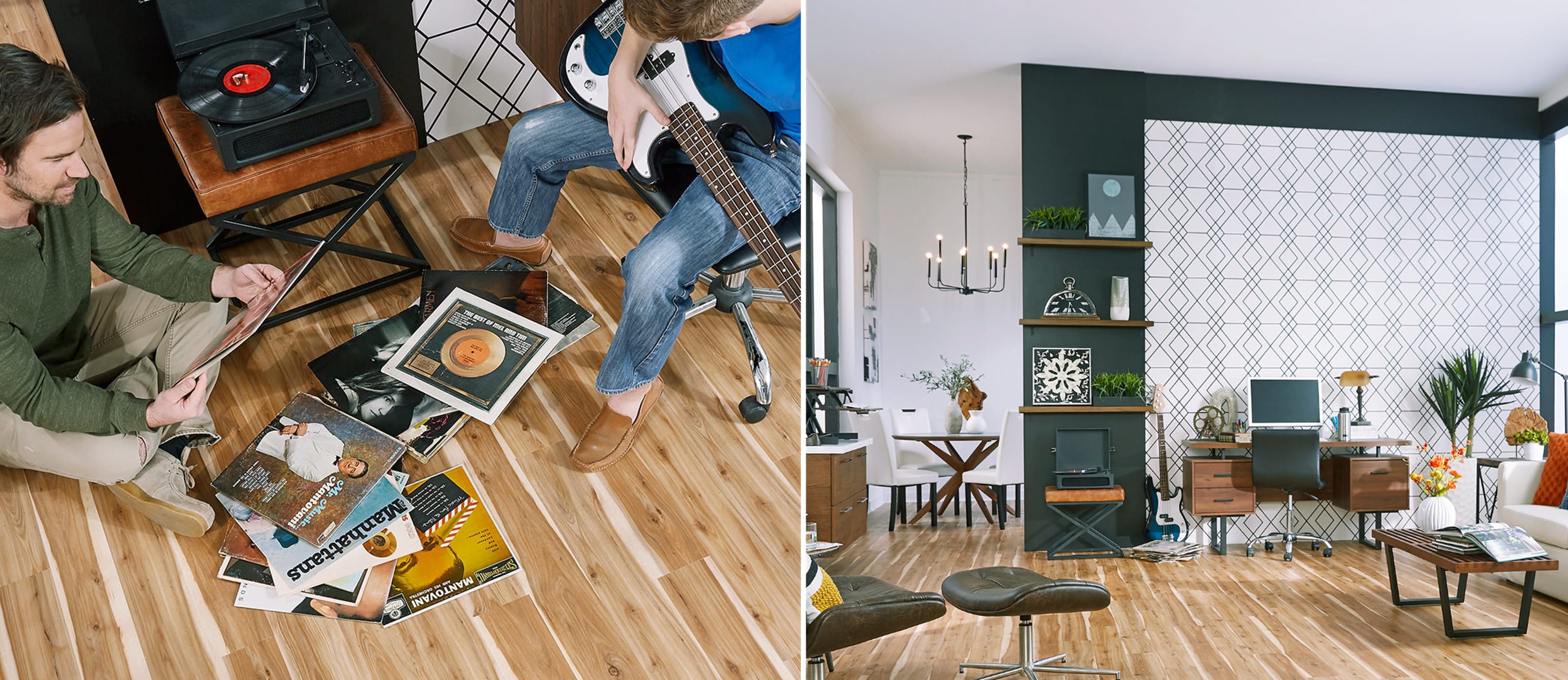 Room with record player and vinyl plank flooring