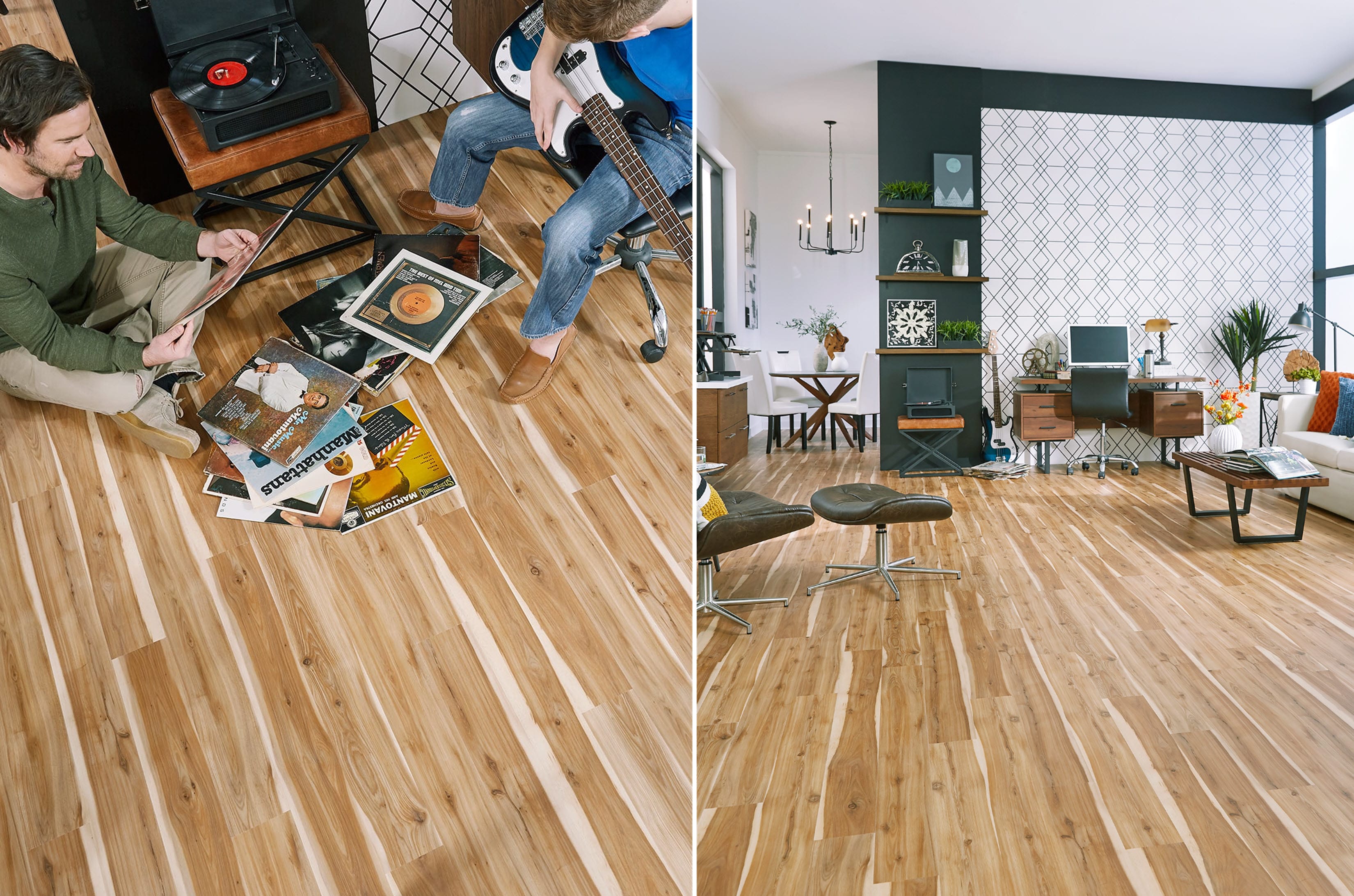 dad and son browse classic records on rocky hill hickory vinyl plank flooring