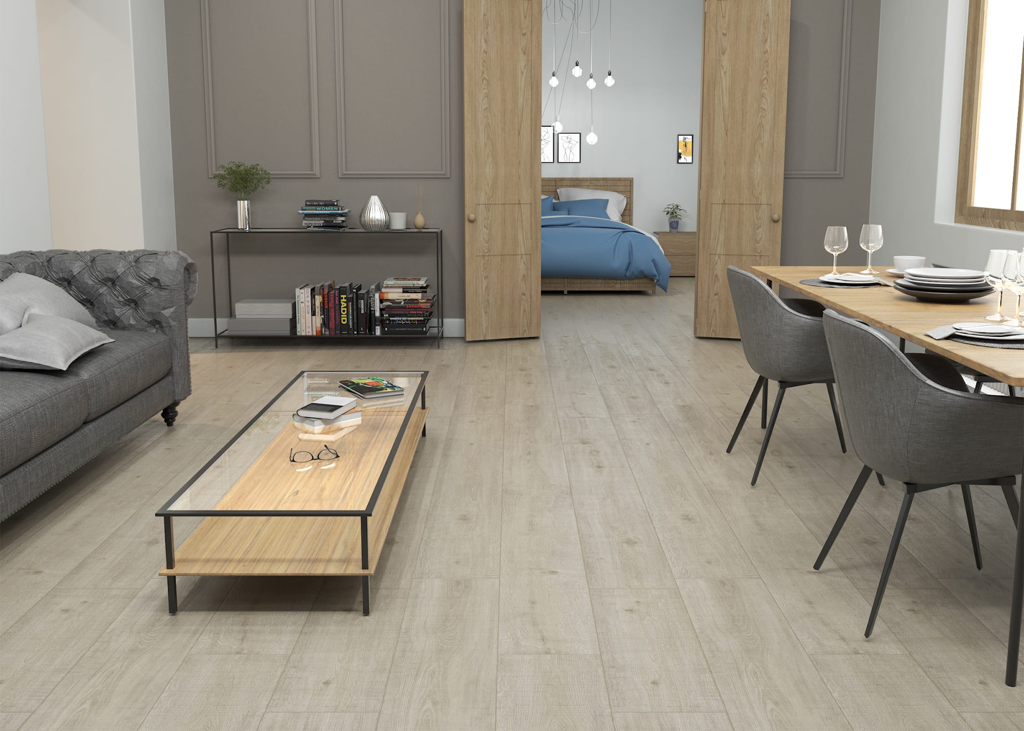 Living room with AquaSeal 'Eclipse Oak Xtend' Water-Resistant Laminate Flooring at LL Flooring