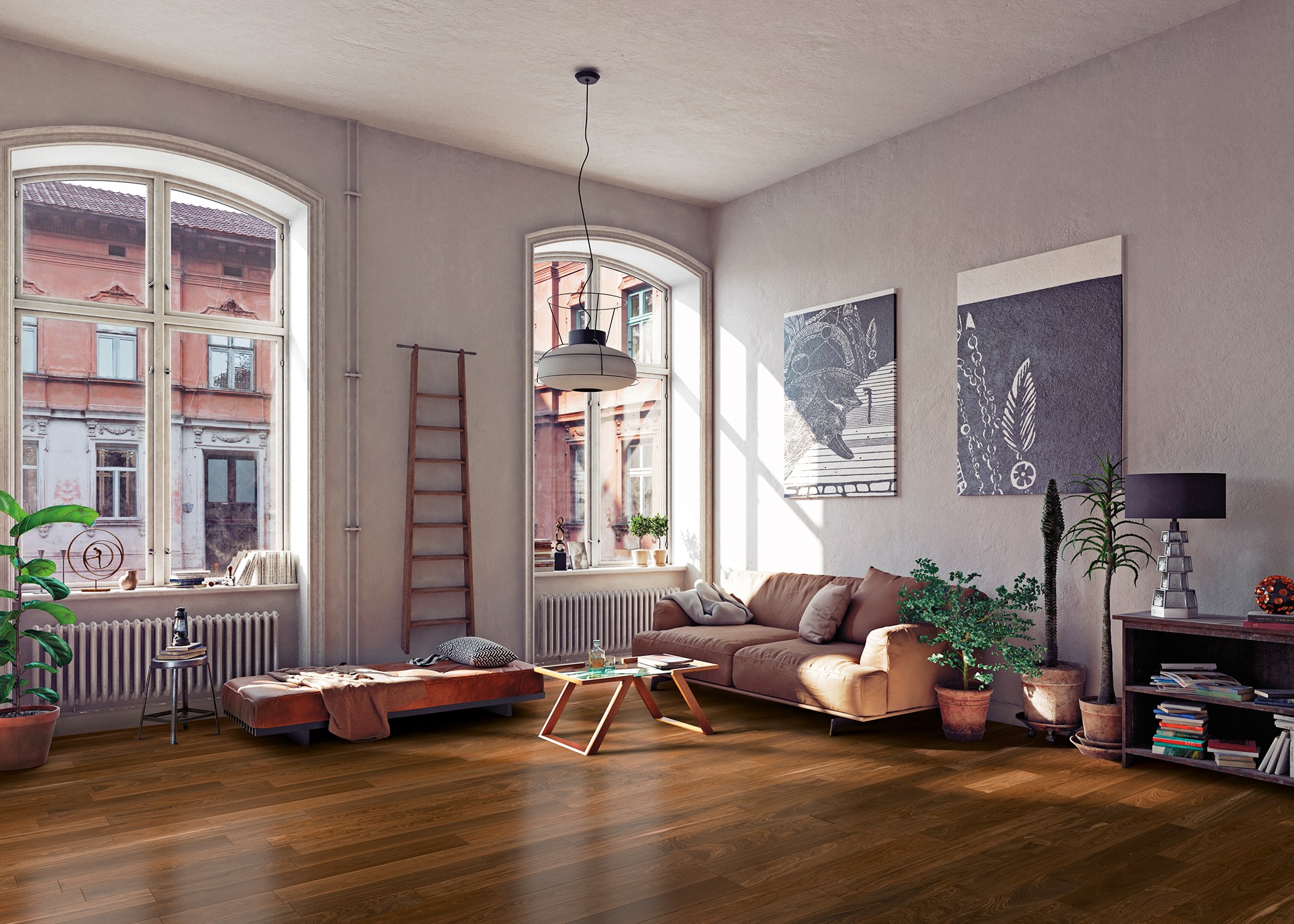 This loft living room has a muted version of violet to establish a lively yet neutral energy, with Brazilian Ebony Engineered Hardwood Flooring.