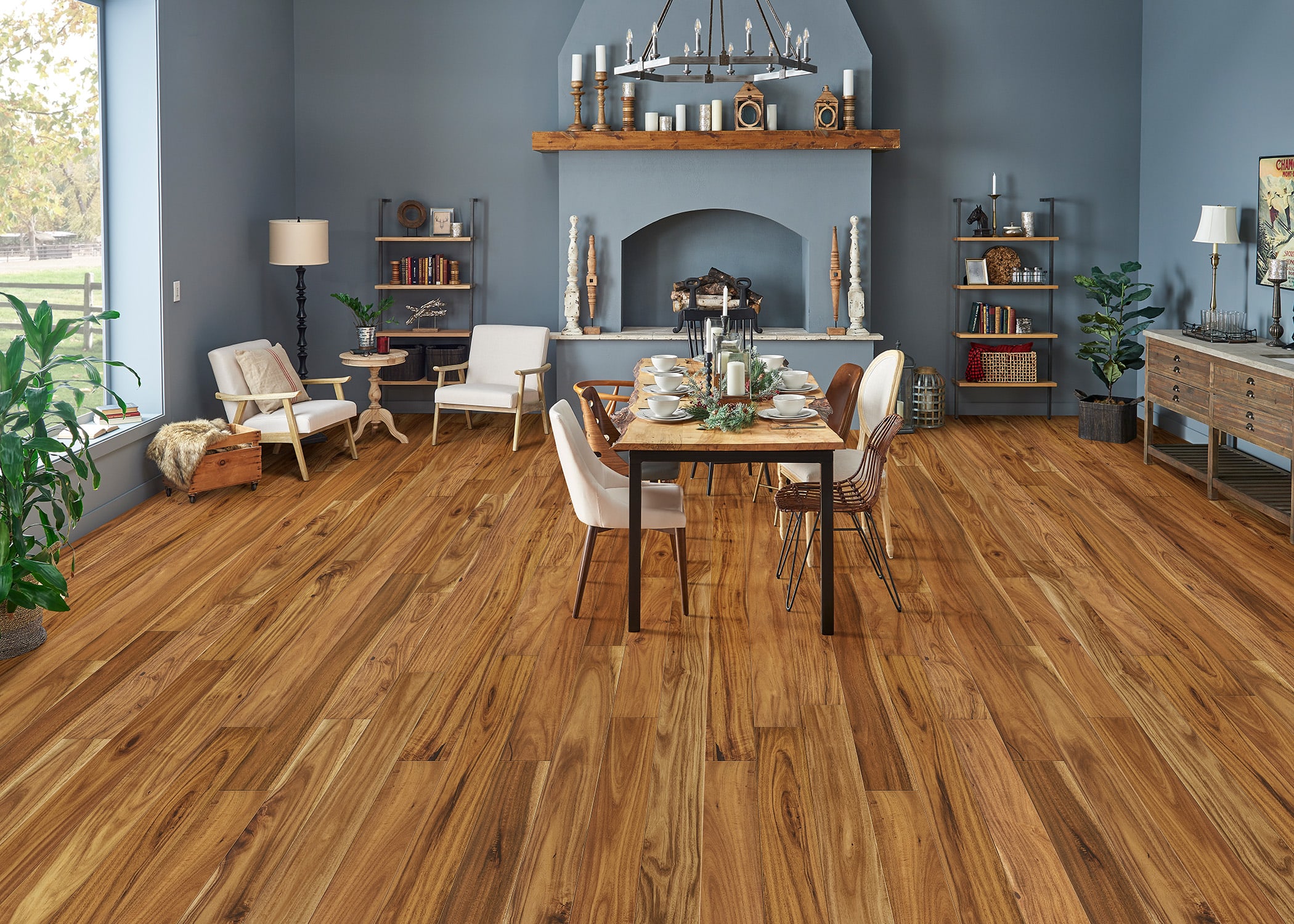 living room with acacia hardwood flooring