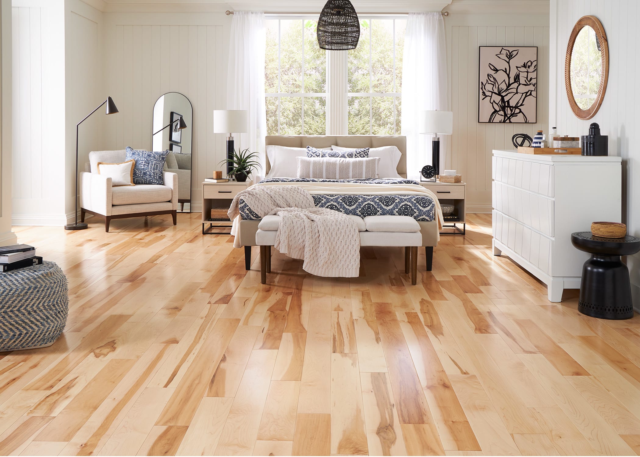 bedroom with knit textures and hardwood flooring