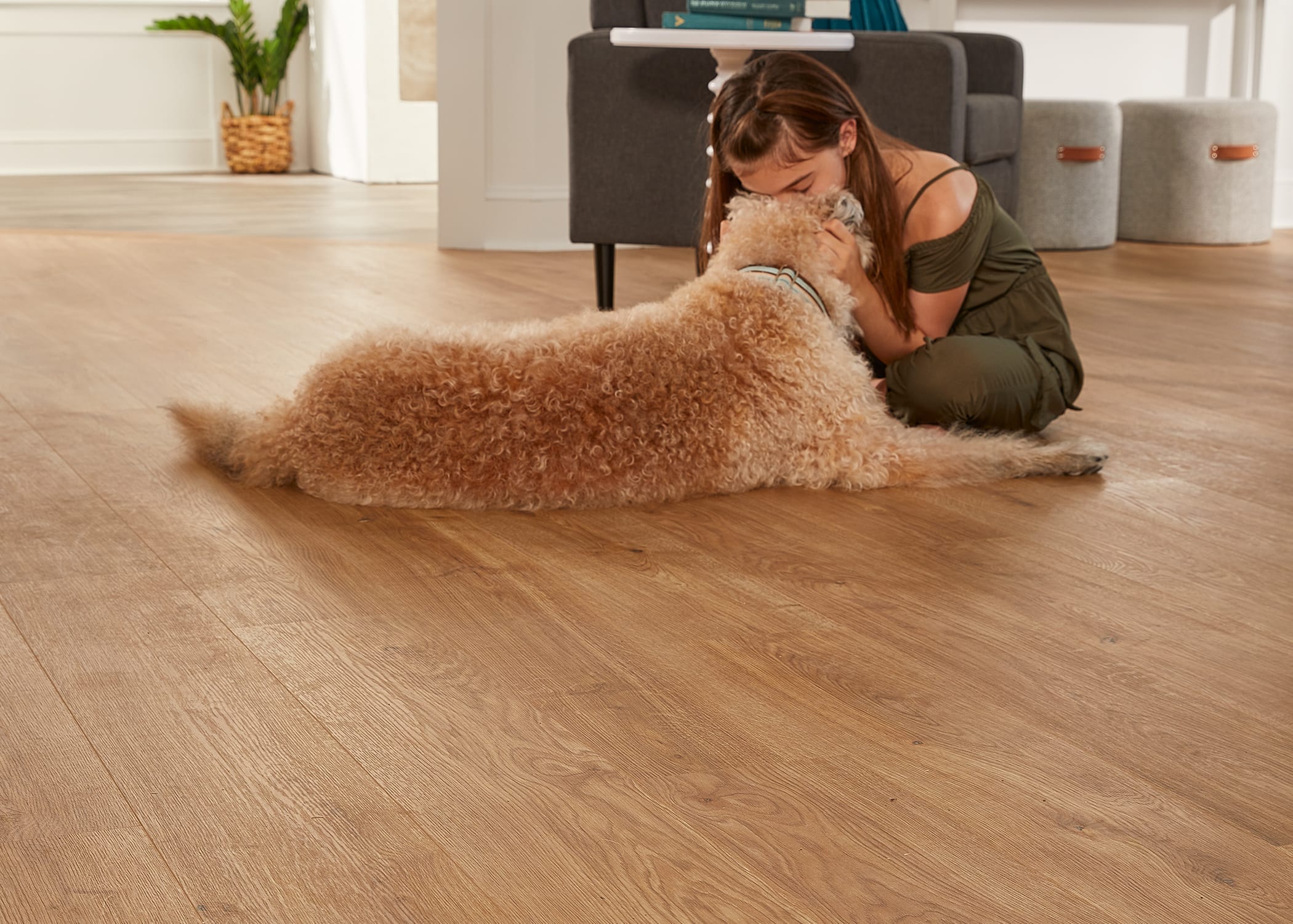 Dog and its person on hybrid flooring.