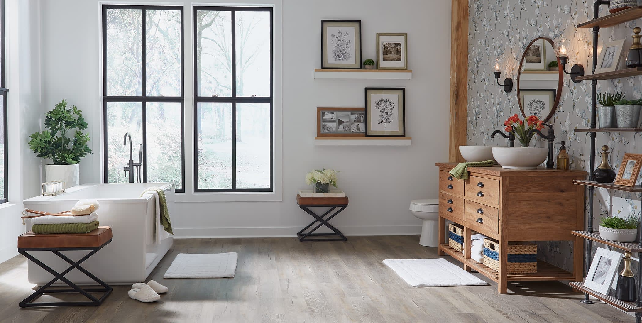 Rigid vinyl plank flooring in bathroom.