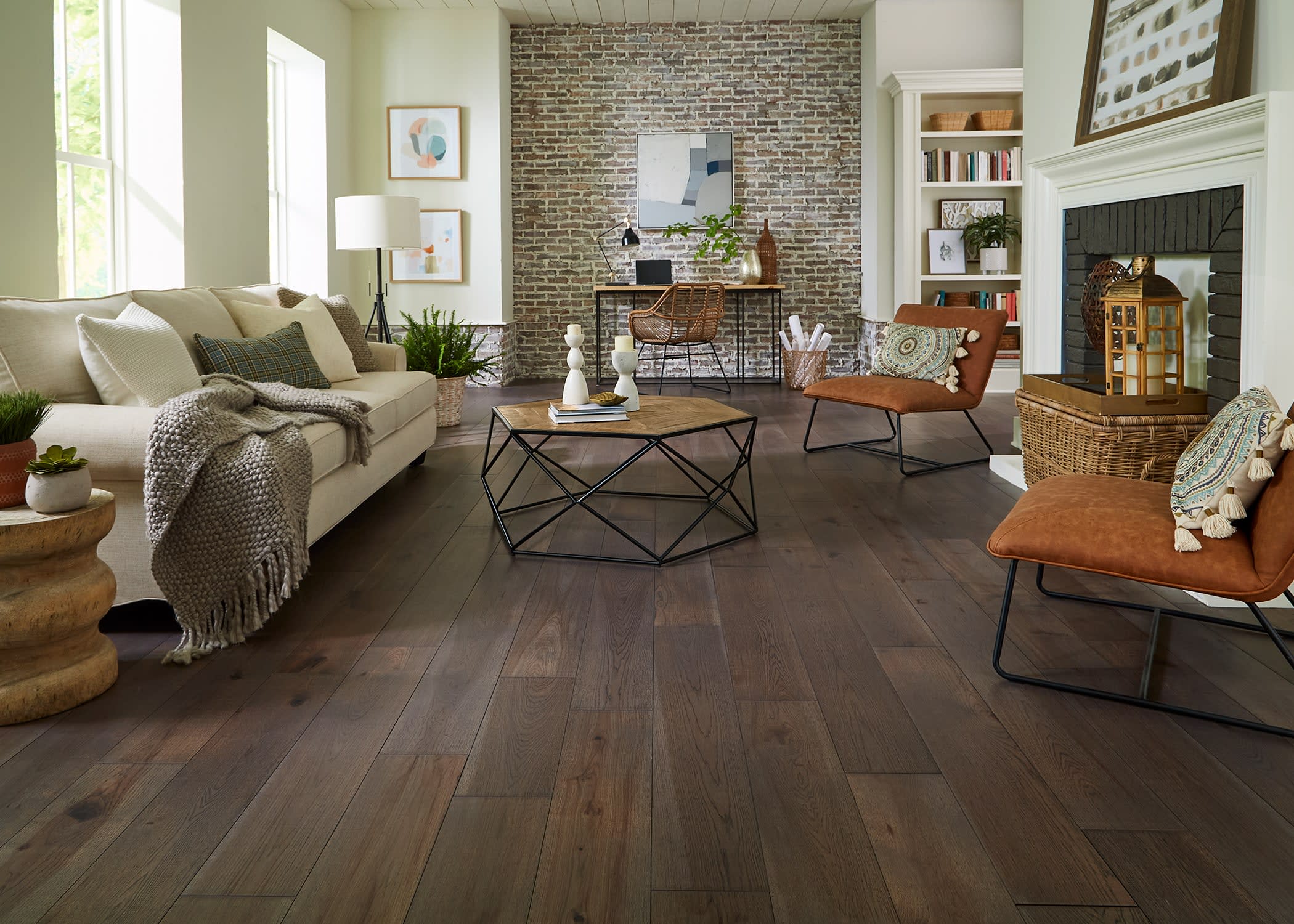 living room with engineered hardwood flooring