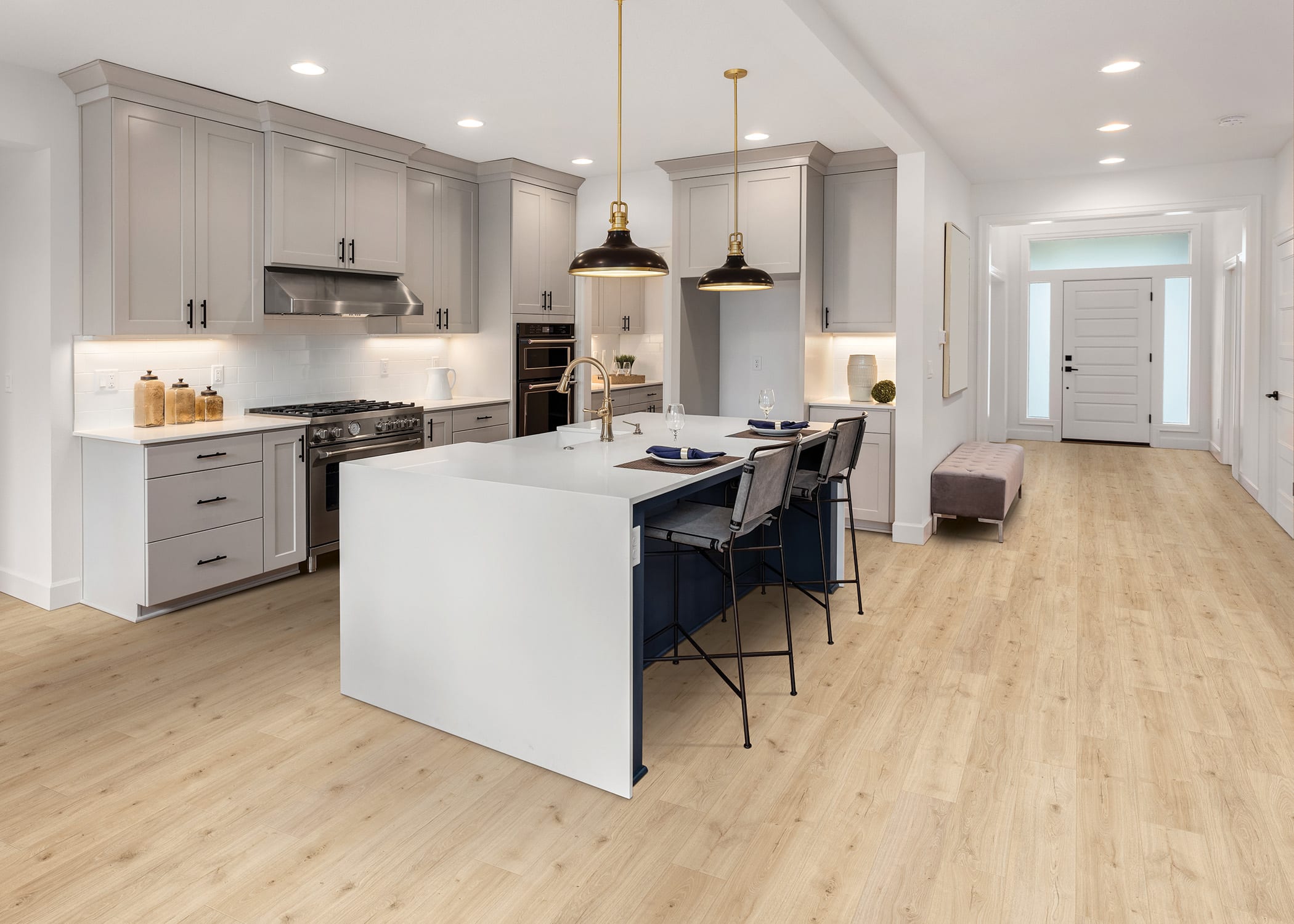 Modern kitchen, features Rotterdam Autumn Oak Rigid Vinyl Plank Flooring