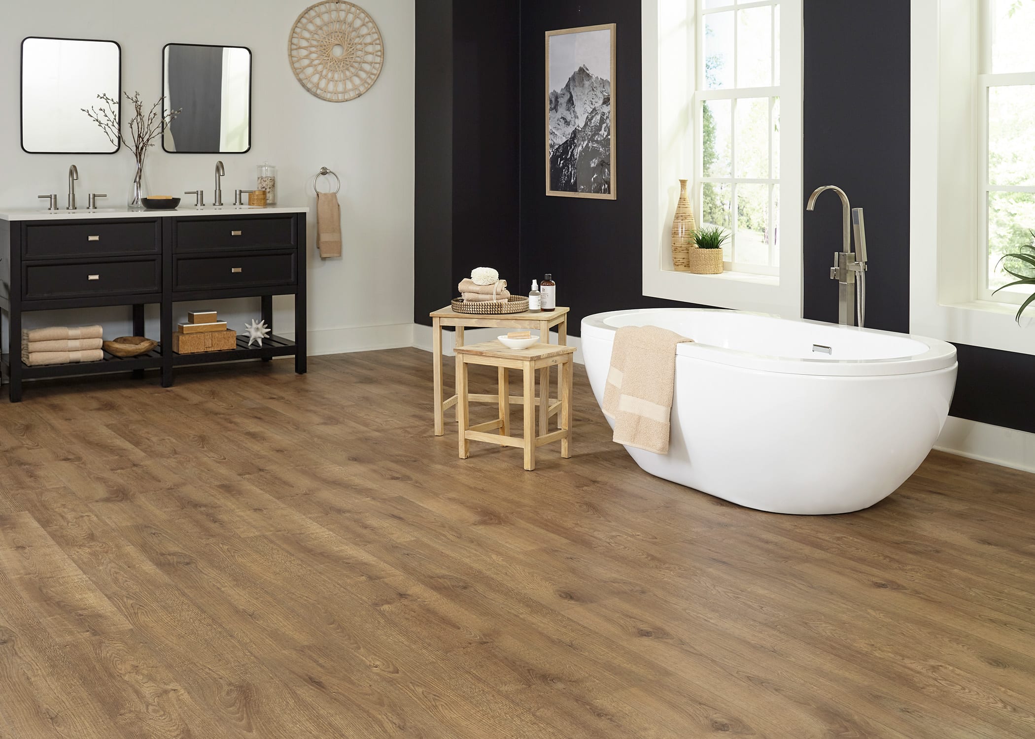 bathroom with Dream Home 12mm Autumn Cider Oak Waterproof Laminate Flooring