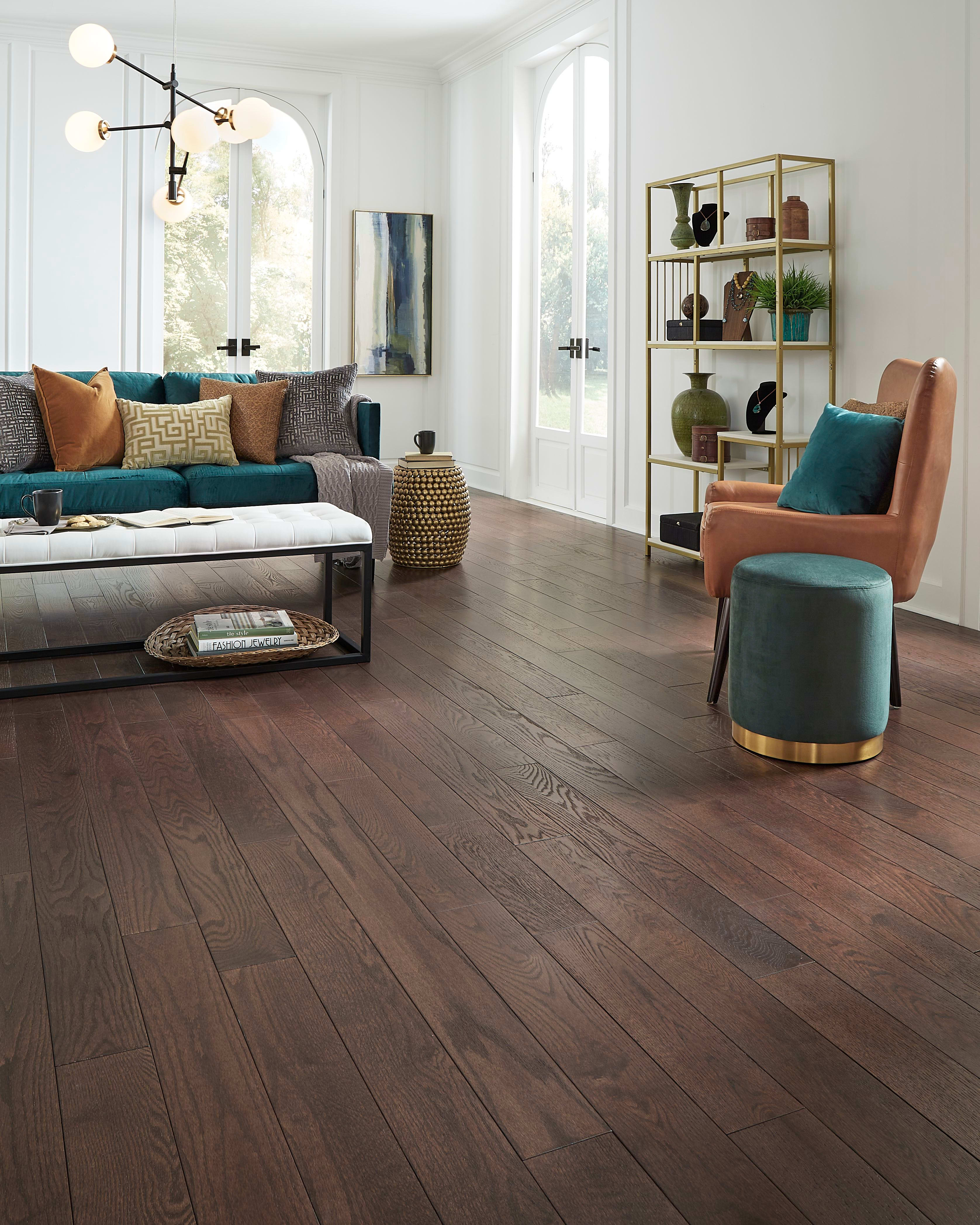 Living room with Stratford Oak solid hardwood flooring.