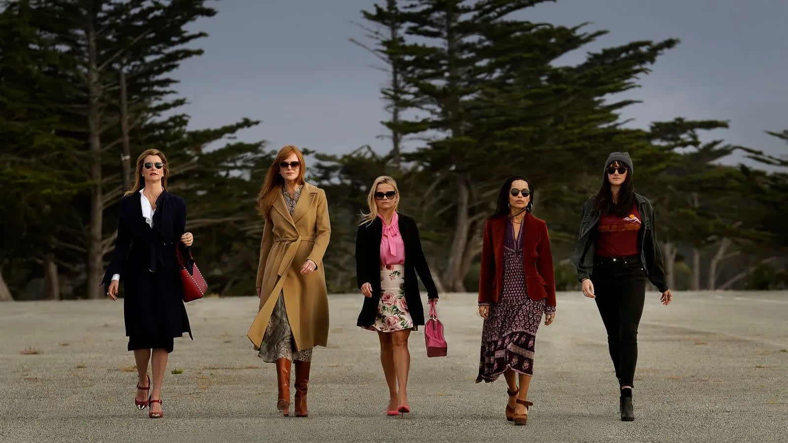 Promotional from Big Little Lies, women walking next to each other, Laura Dern, Nicole Kidman, Reese Witherspoon, Zoe Kravitz, Shailene Woodley, Image Credit HBO