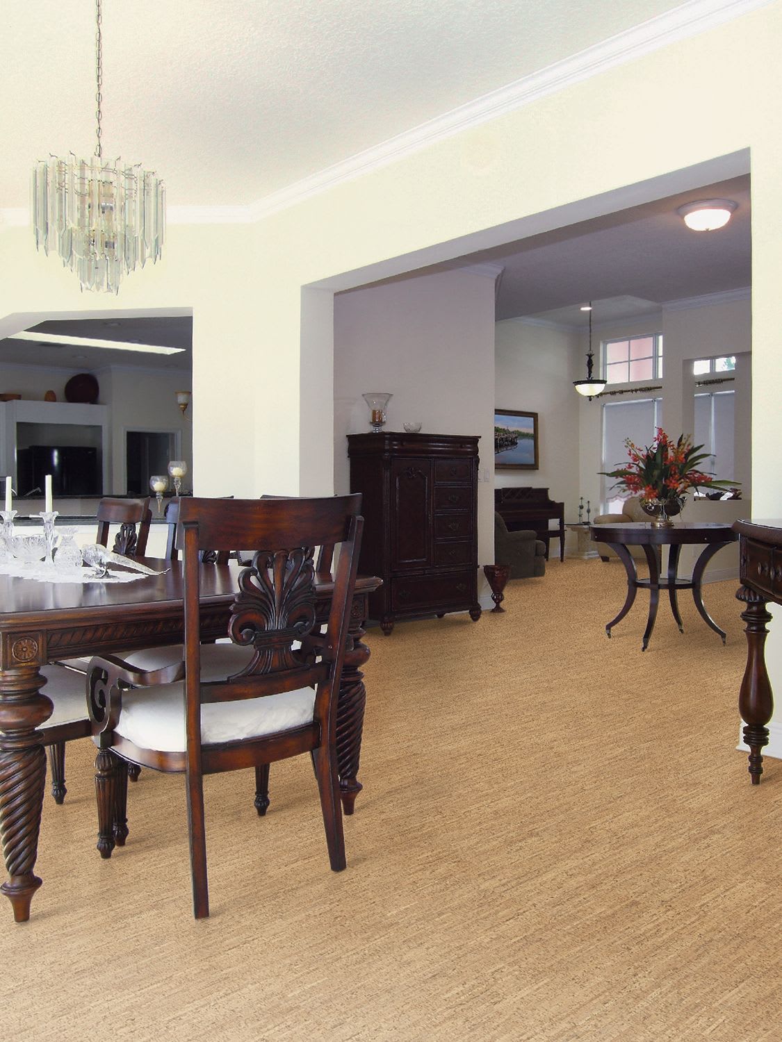 Elegant dining and living room with formal dark wood, and Lisbon Cork Flooring