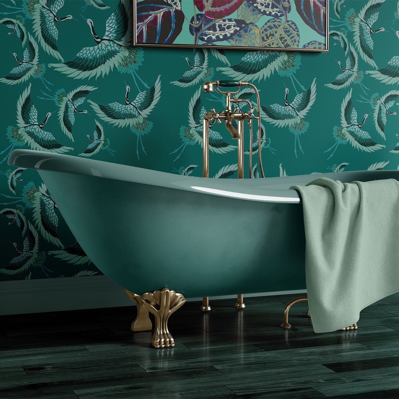 Teal bathroom with bathtub.