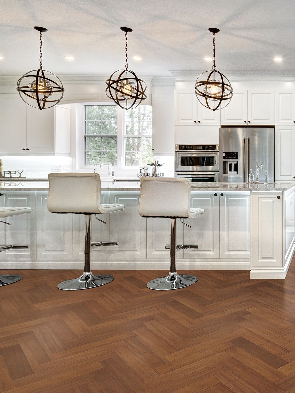 This bright glamorous kitchen with white cabinets and stainless appliances features patterned flooring similar to Manhattan Chevron flooring from LL Flooring