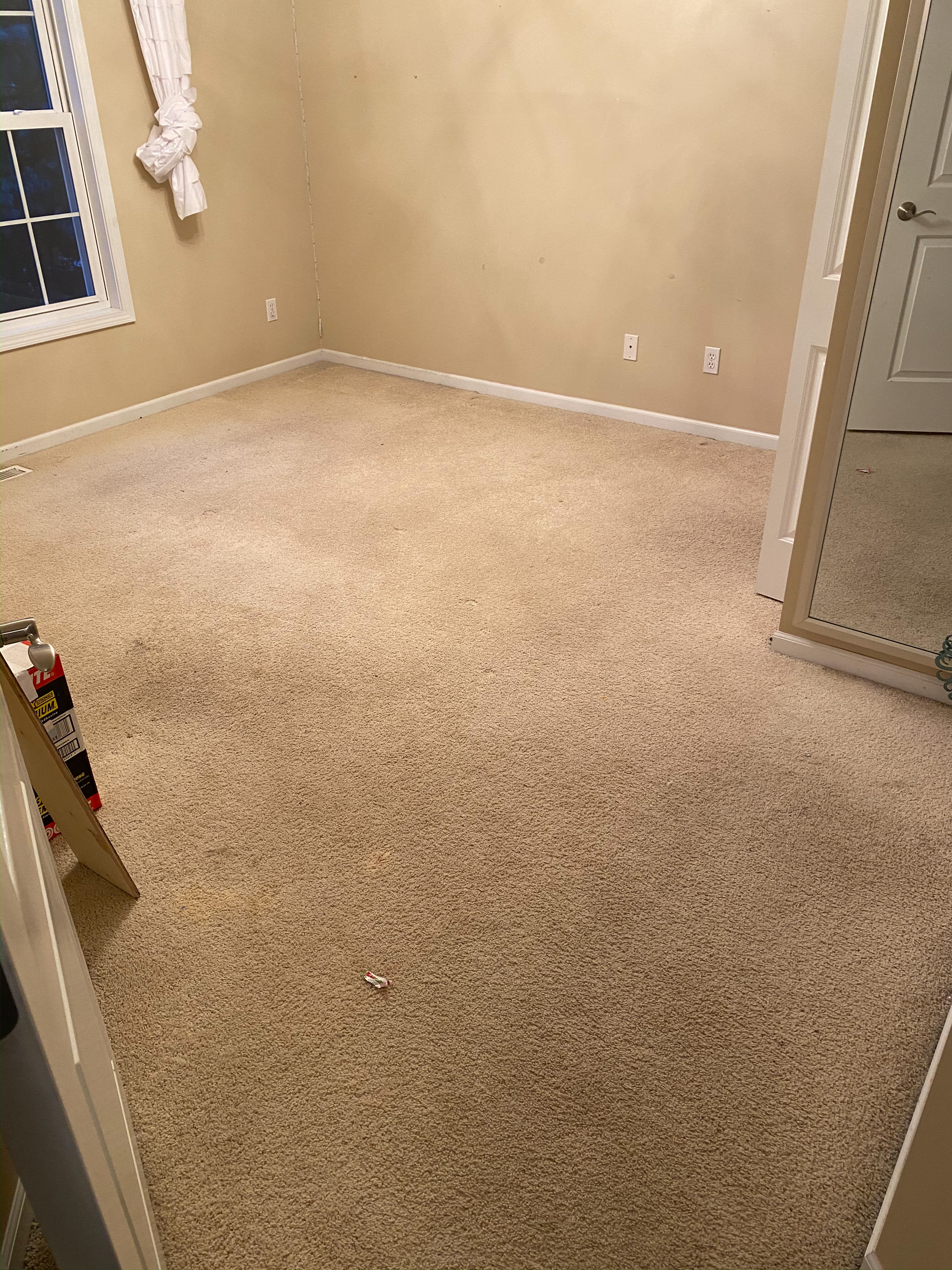 Room with carpet before hardwood flooring