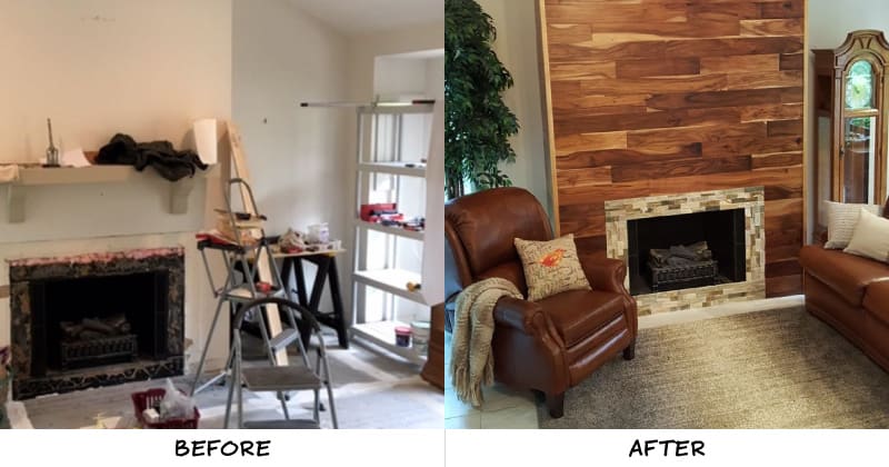 Before and after photos of wood accent fireplace