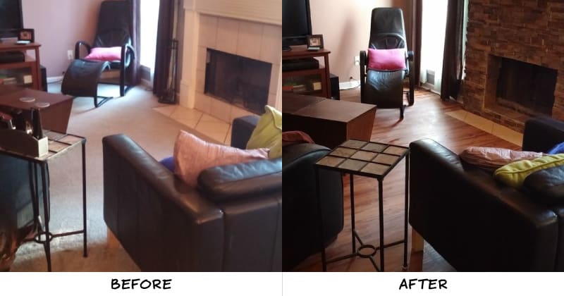 Image of Susan's living room before and after new flooring