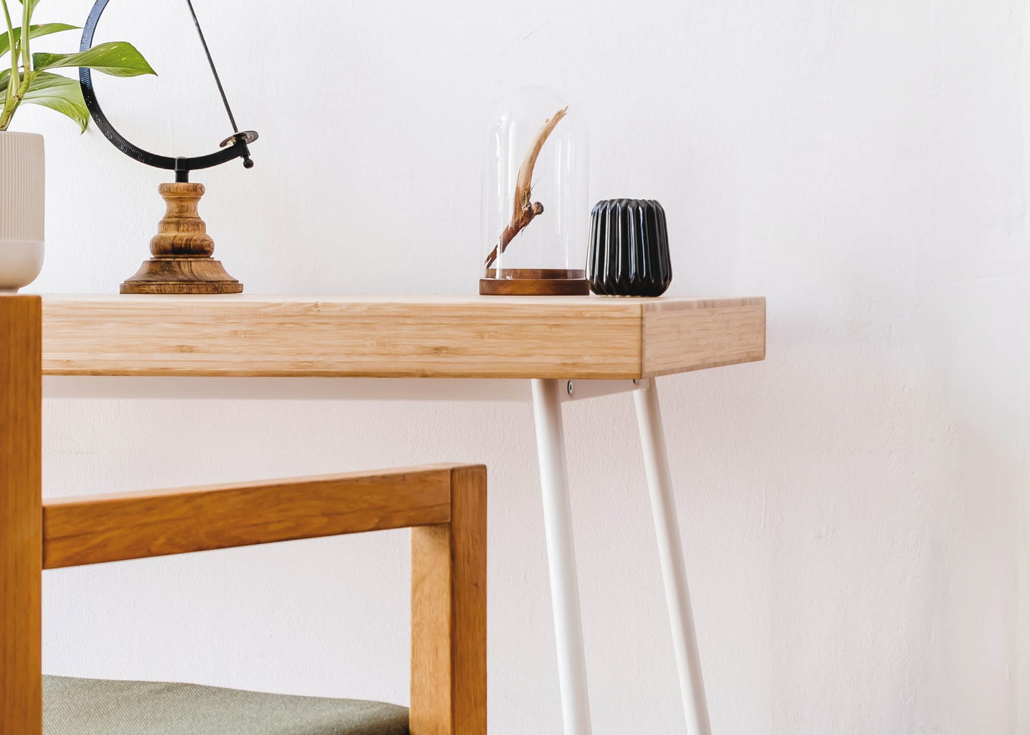 butcher block desktop with decorations on it