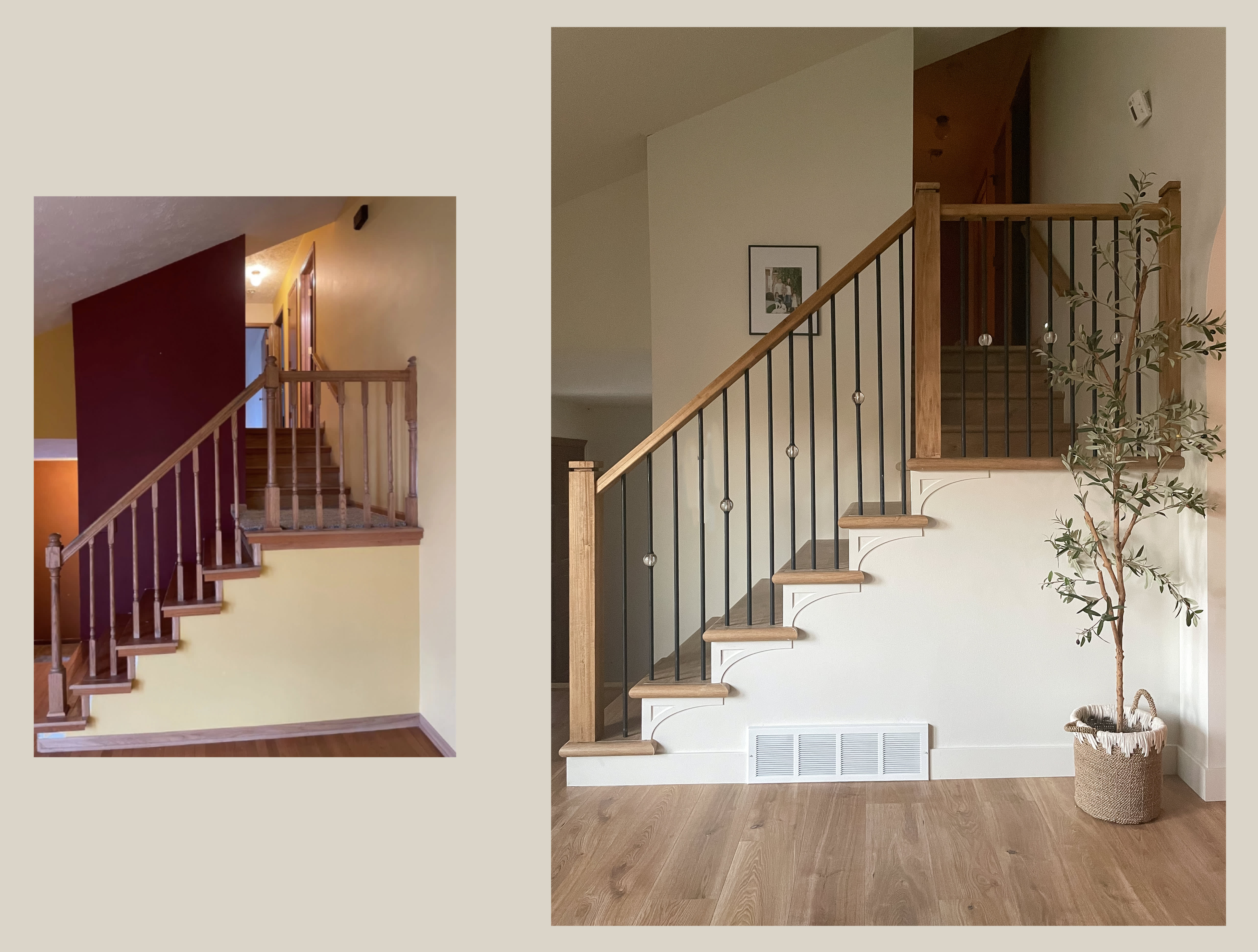 Before and after renovation of living room and stairs.