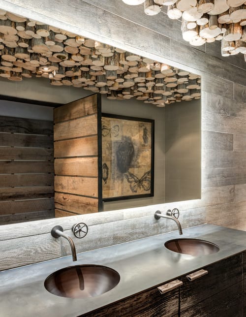 Combination of many wood textures including natural stumps on ceiling