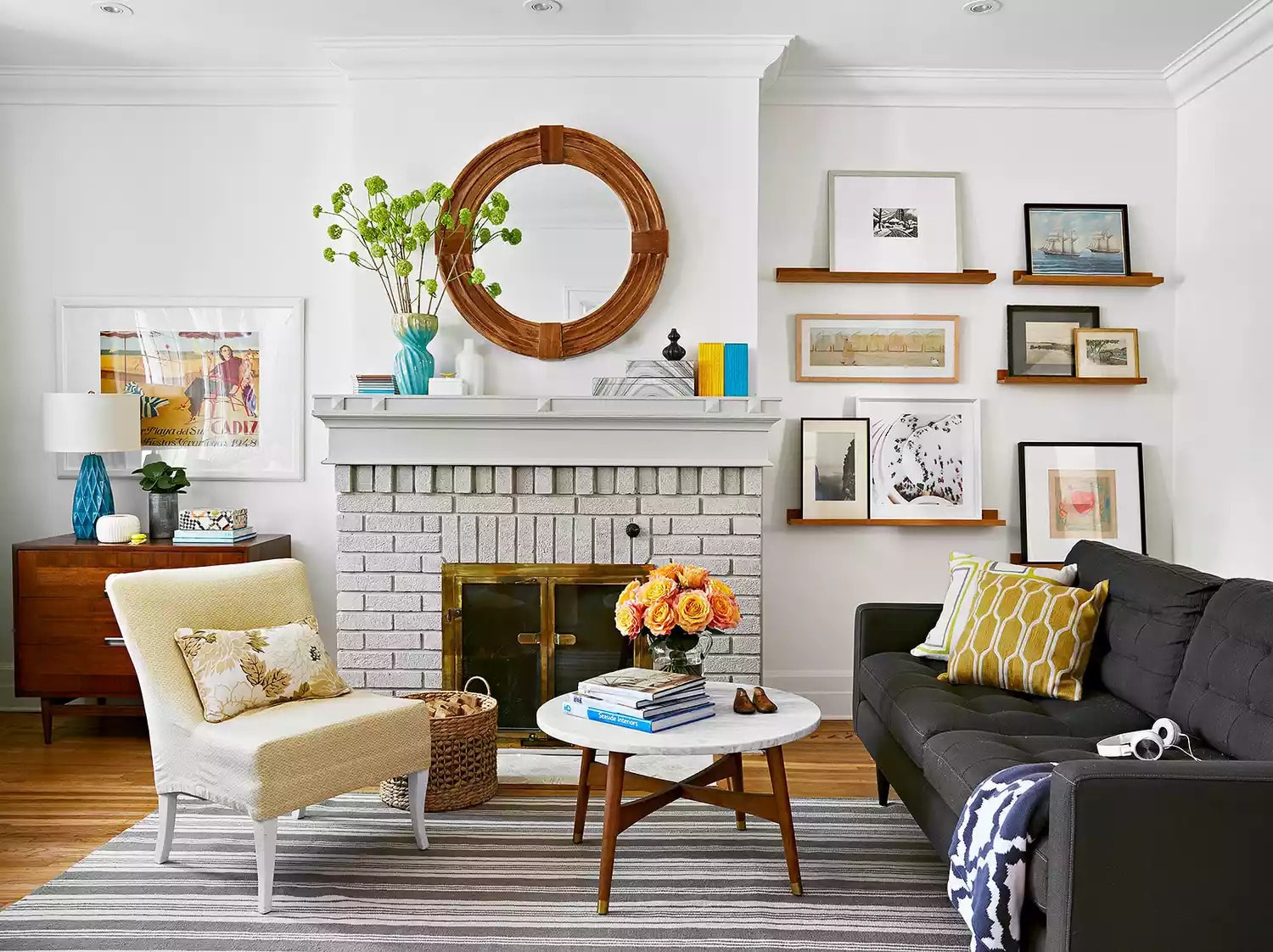 living room with gray brick fireplace