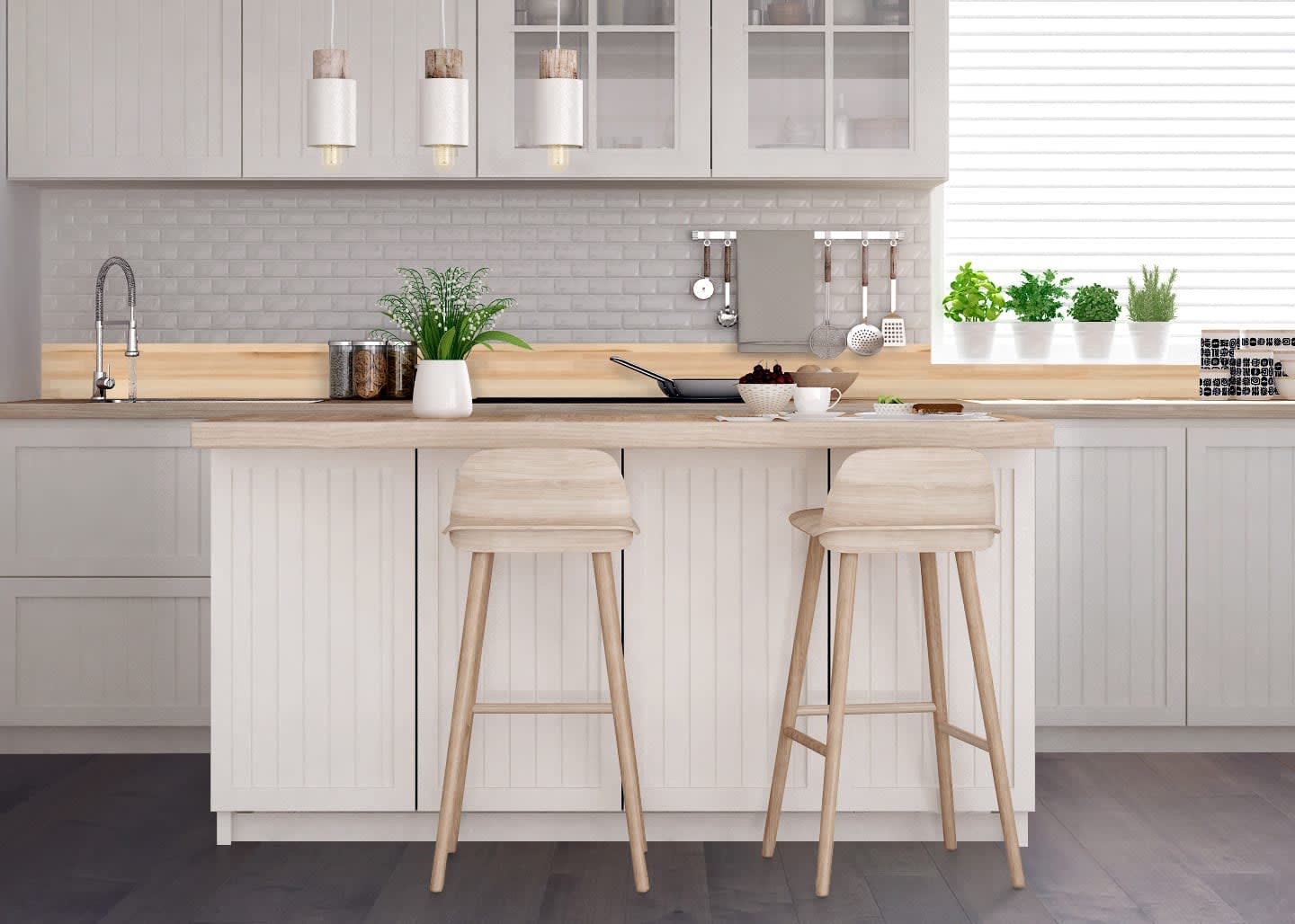 this kitchen has butcher block wood backsplash