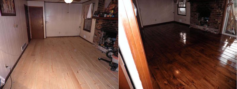 White Pine unfinished hardwood before and after staining