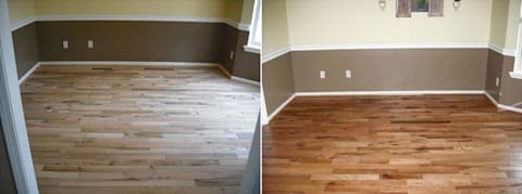 Customer photos before and after staining unfinished hardwood flooring.