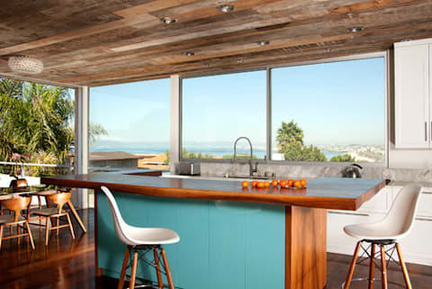 Image of beach house with wood on ceiling