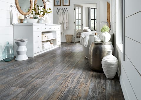 bathroom area with wood look porcelain tile