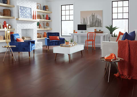 Blue Chairs, red-orange features, with AquaSeal Cabernet Extra Wide Plank Engineered Bamboo Flooring