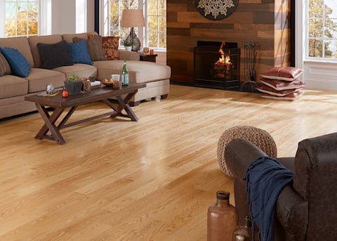 Living Room with fireplace, Select Red Oak Solid Hardwood Flooring from LL Flooring