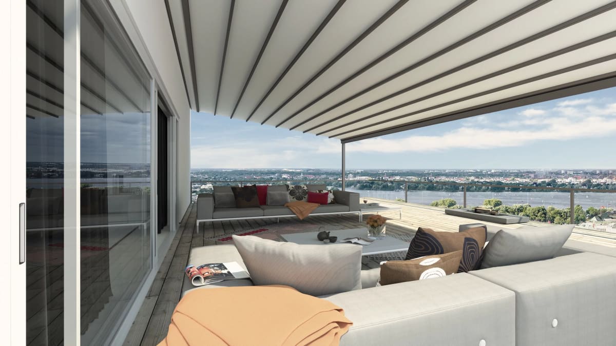 Pergola-Glasdach mit Aluminiumkonstruktion auf einer Terrasse