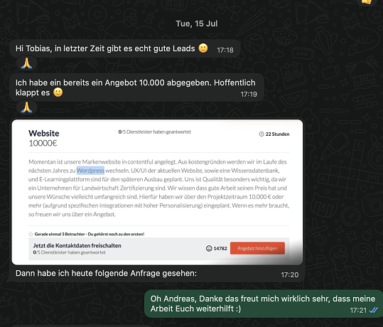 Kundenchat zu guten Leads und 10000 Euro Angebot