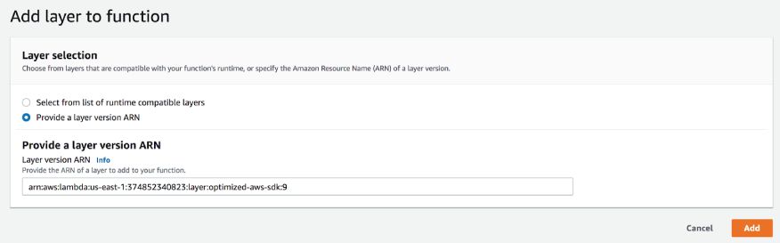 You can also add the Lambda Layer to your projects via the AWS Lambda console. This image shows how.
